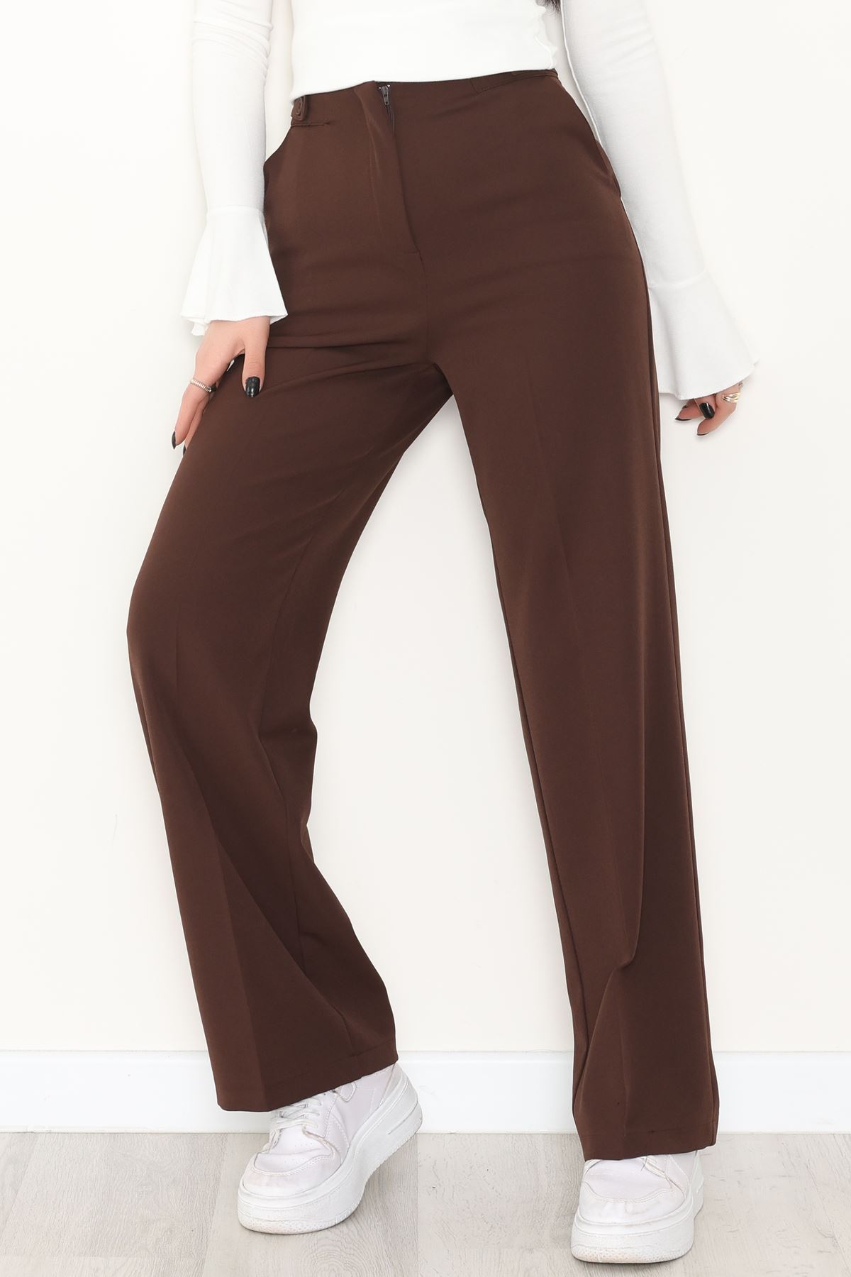 Dabıl Kumaş Yan Düğmeli Palazzo Pantolon Kahve - 2086.1991.