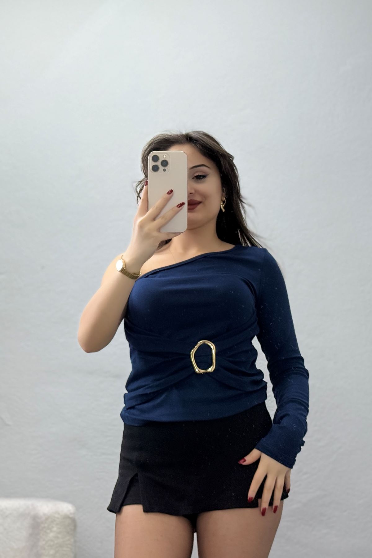 Buzzy Kumaş Tek Omuz Toka Detaylı Bluz Laci - 1011.2119.