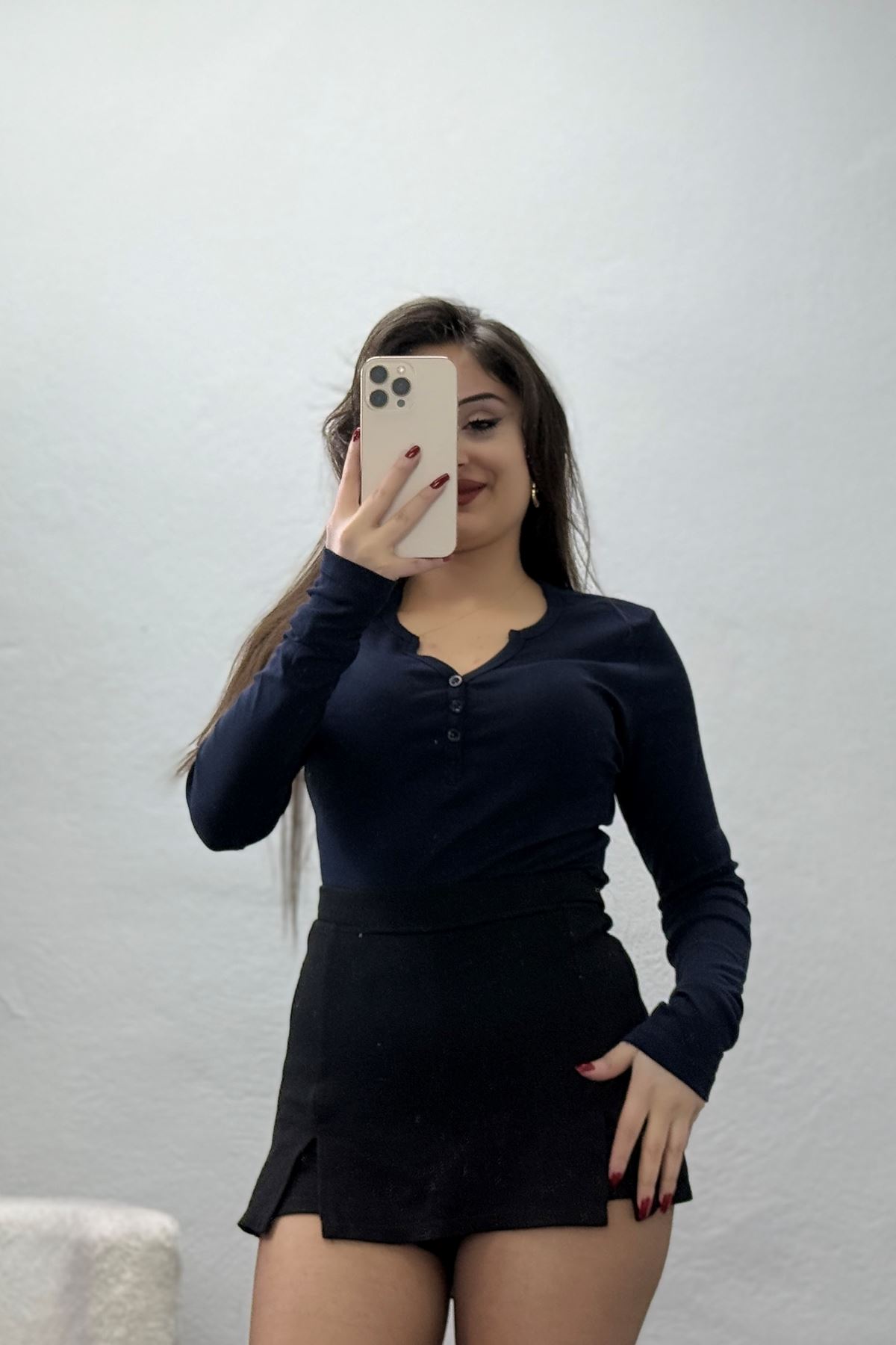 Ribana Kumaş V Yaka Düğme Detay Body Lacivert - 21926.200.