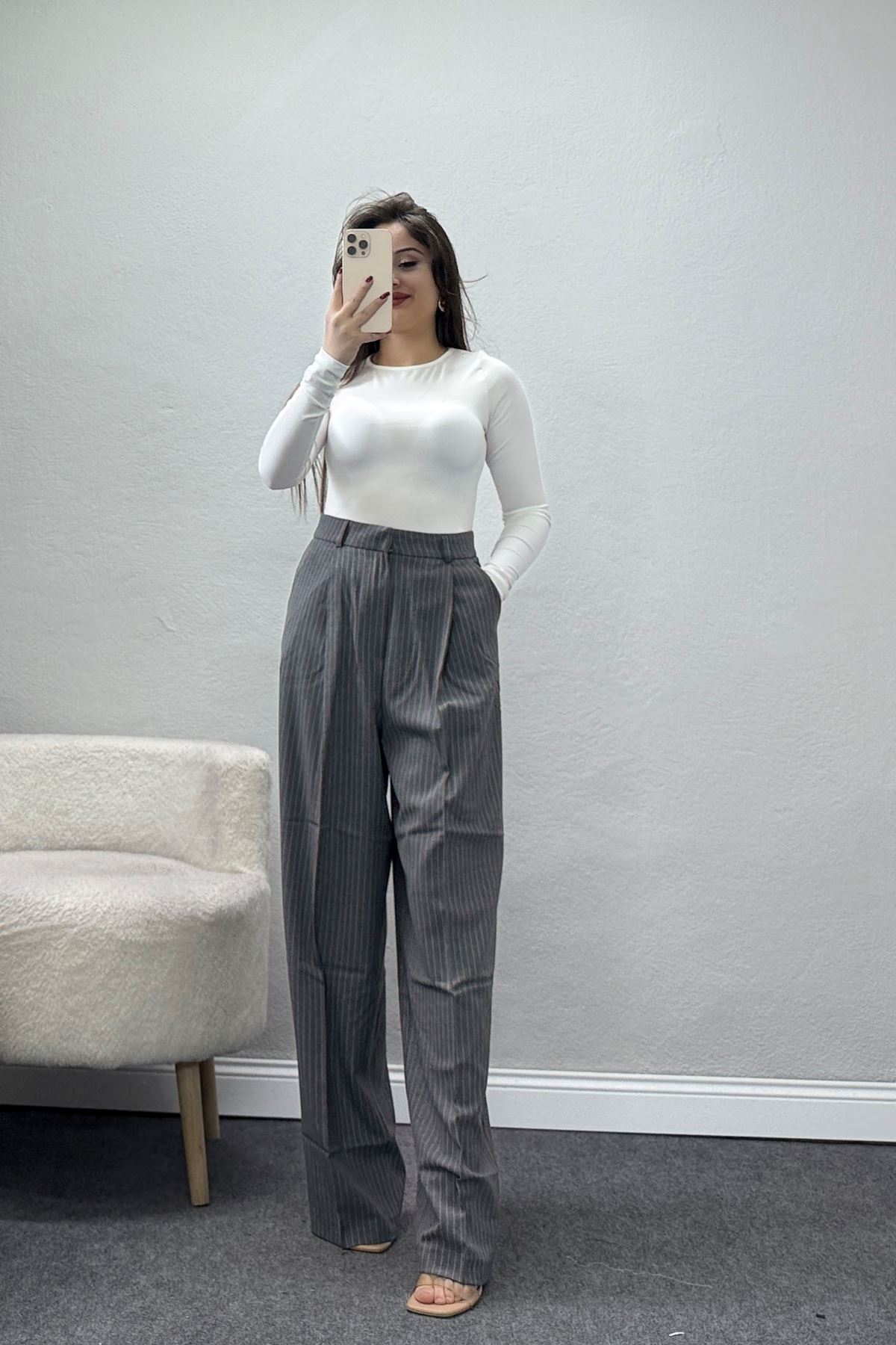 Çizgili Bol Paça Pantolon Füme - 7150.424.