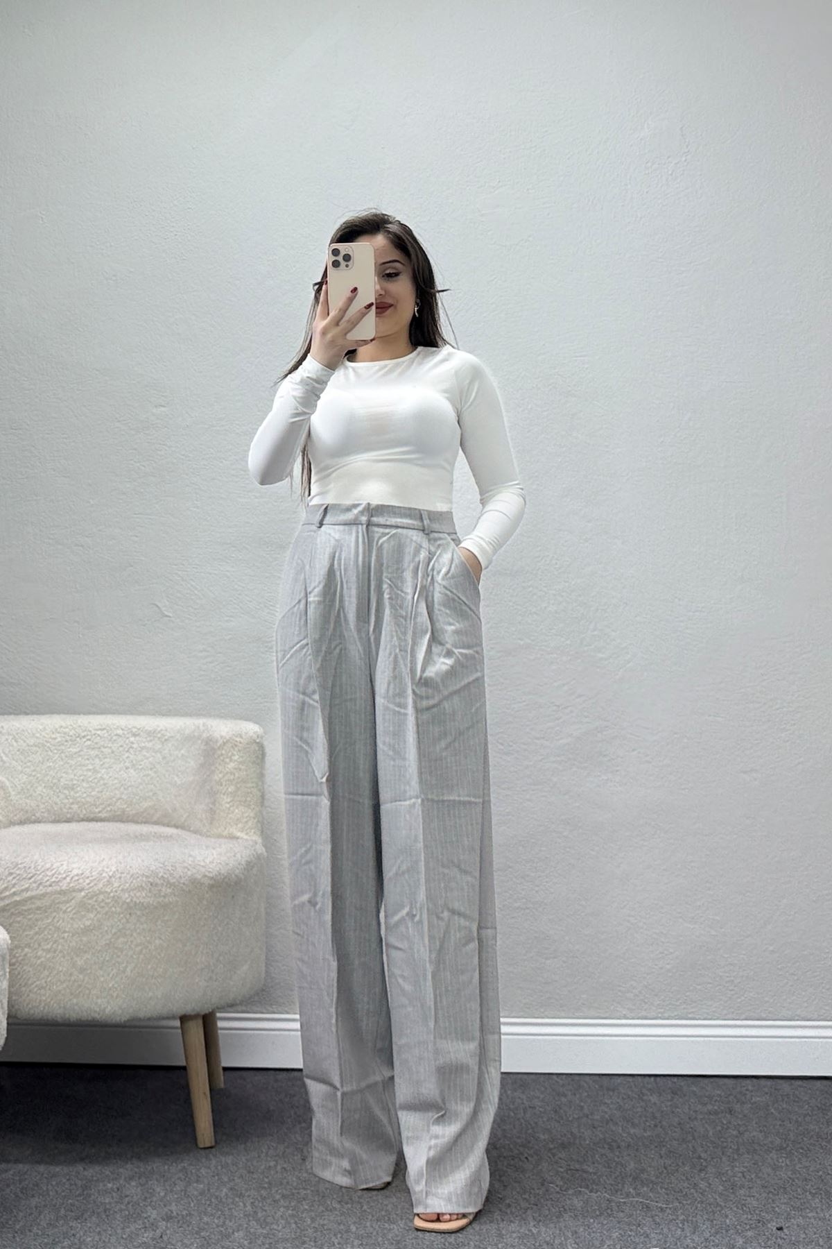 Çizgili Bol Paça Pantolon Gri - 7150.424.