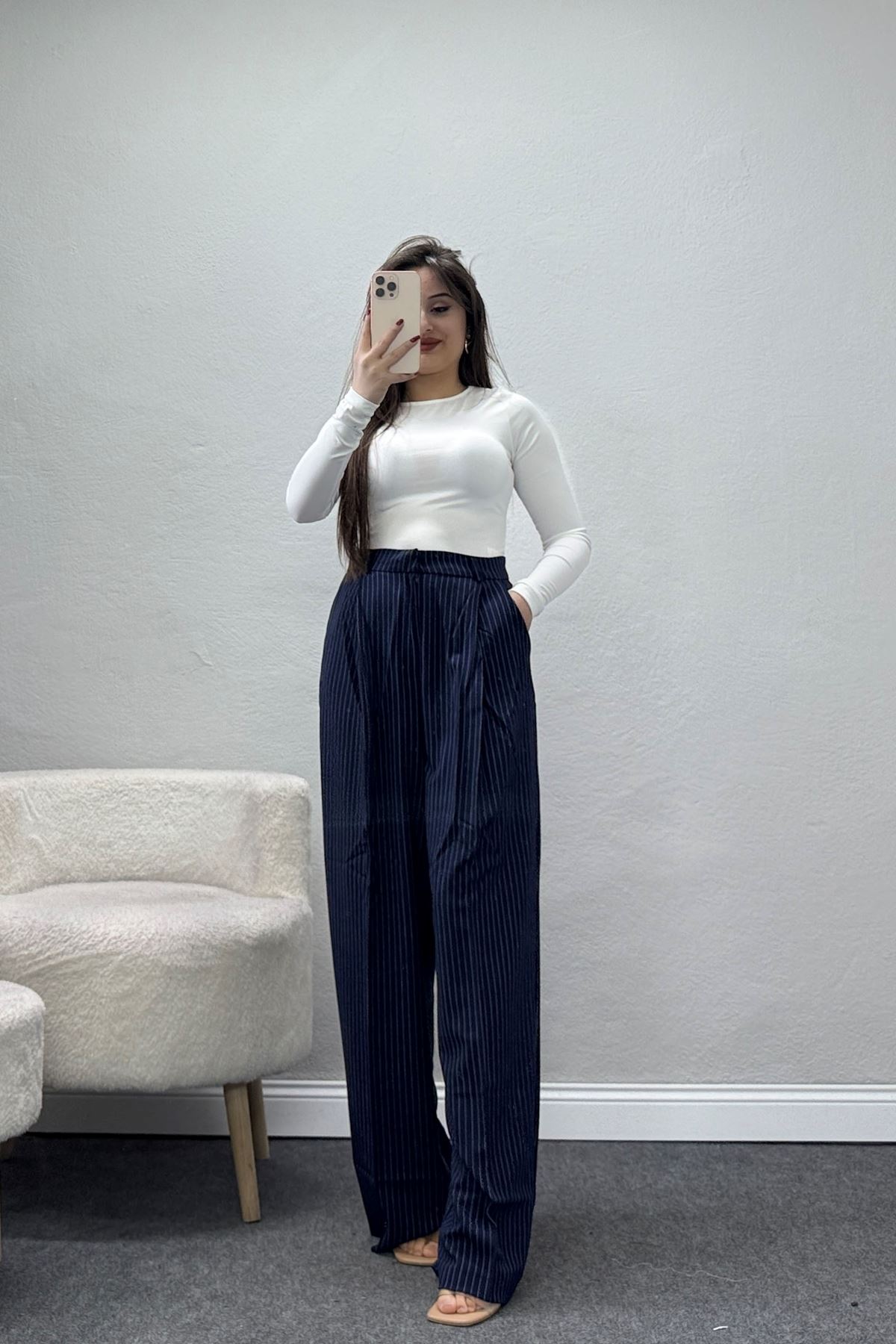 Çizgili Bol Paça Pantolon Lacivert - 7150.424.