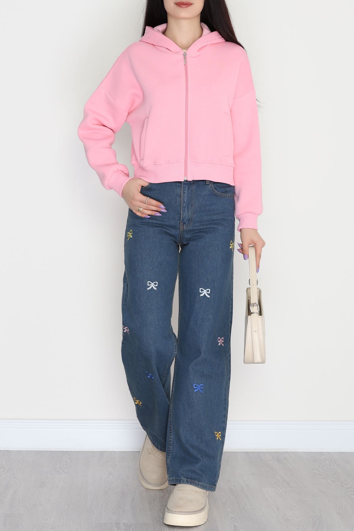3 İplik Kompakt Oversize Fleto Cepli Sweat Pembe - 42506.1878.