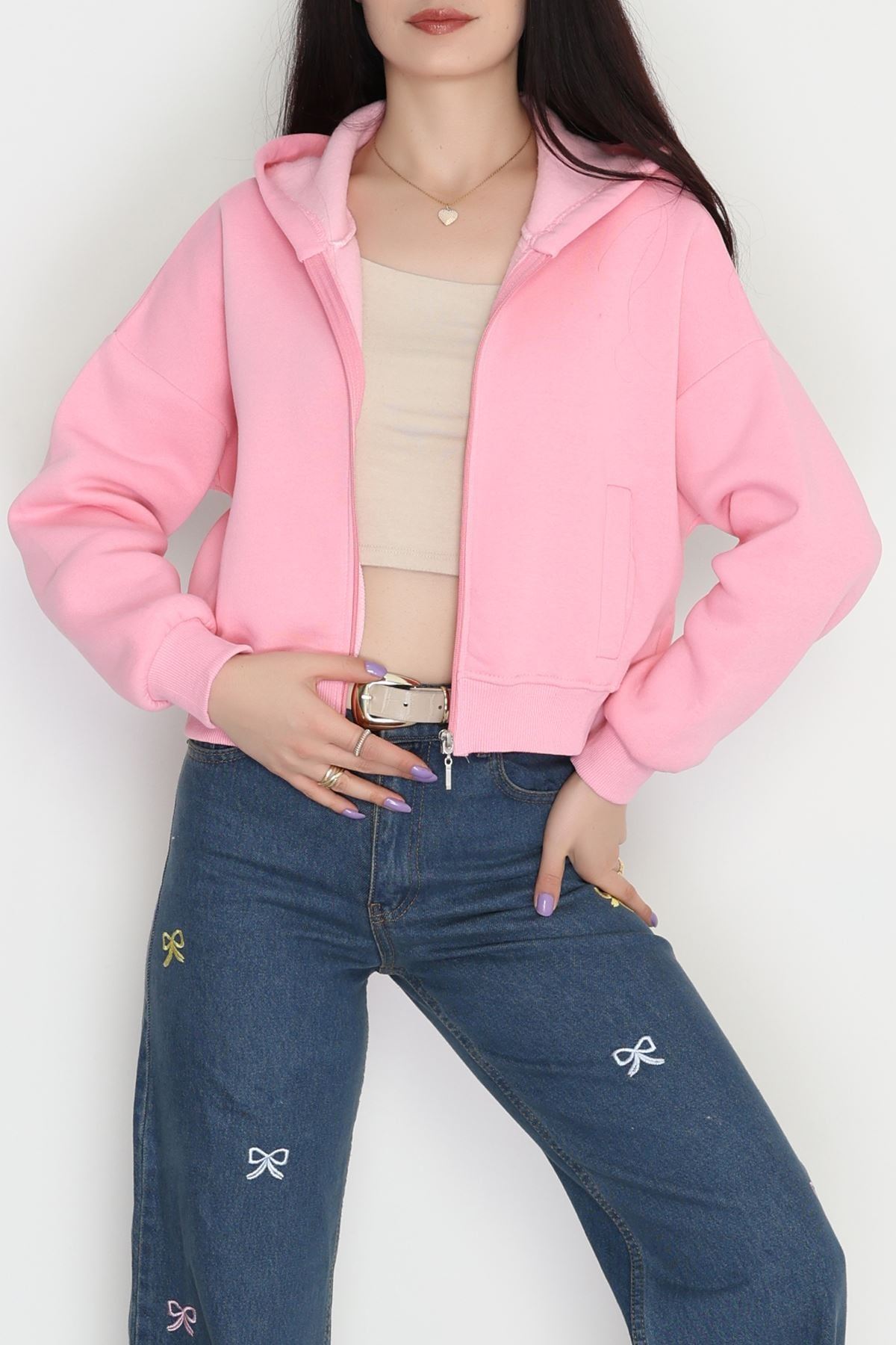 3 İplik Kompakt Oversize Fleto Cepli Sweat Pembe - 42506.1878.