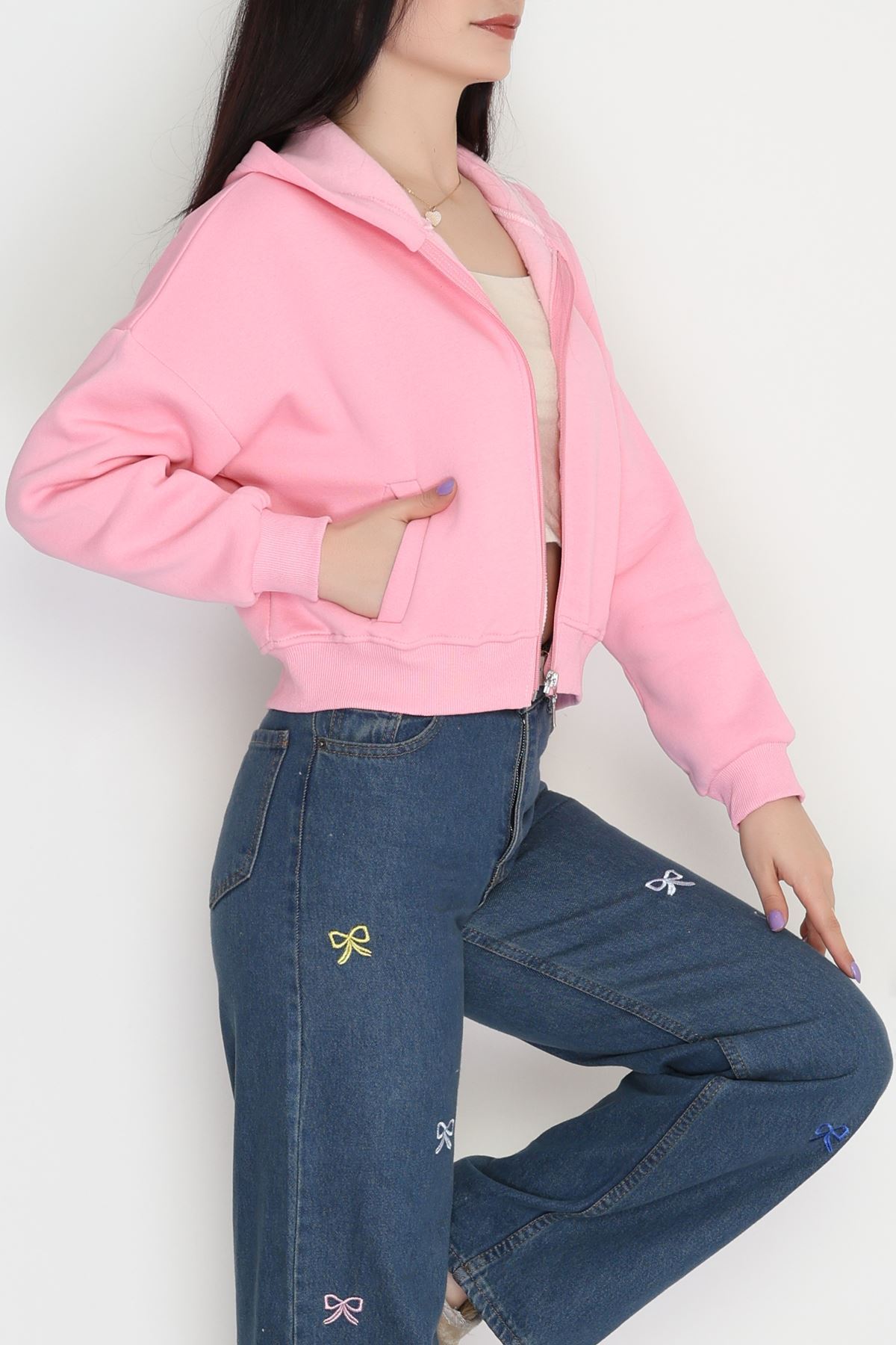 3 İplik Kompakt Oversize Fleto Cepli Sweat Pembe - 42506.1878.