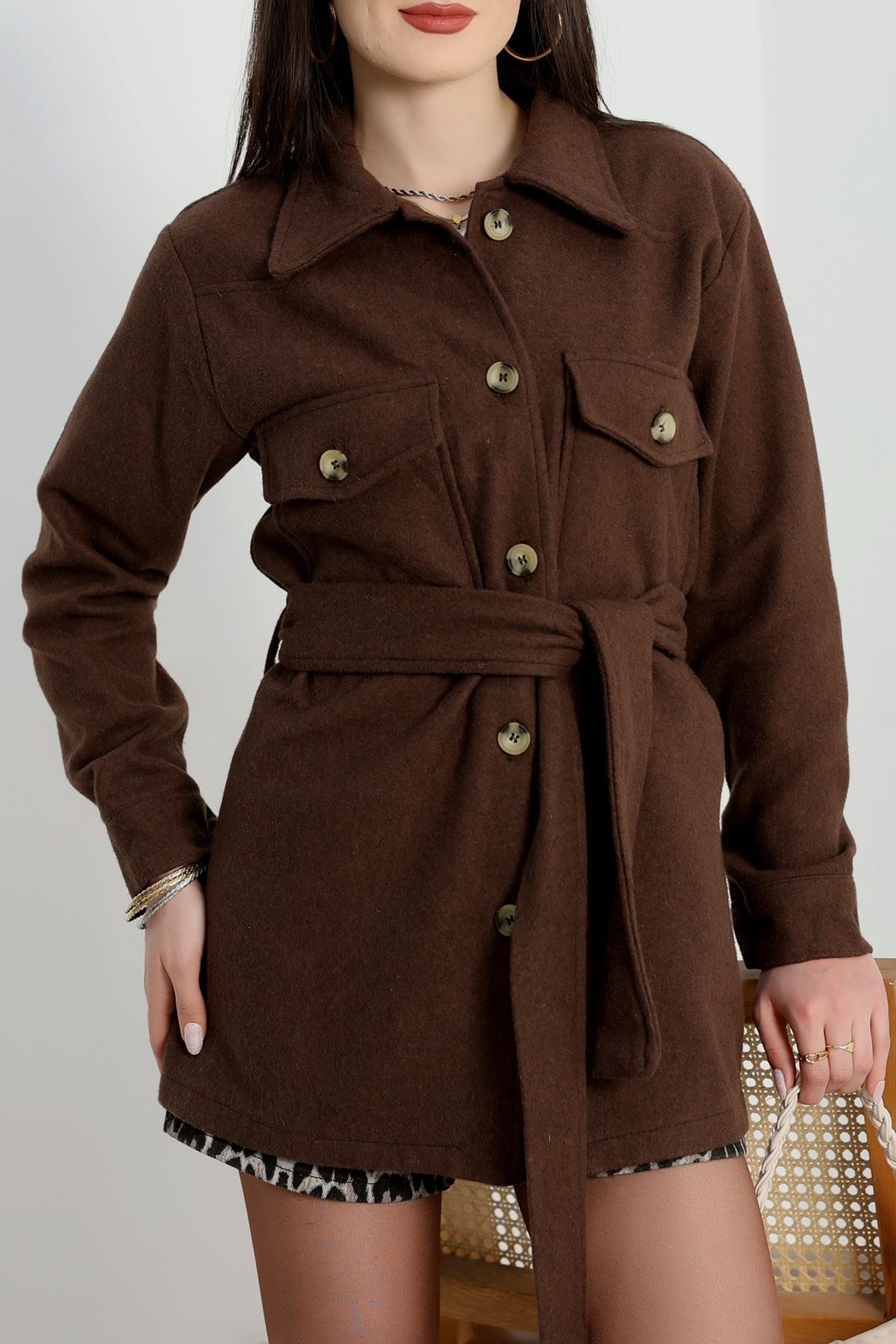 Çift Cepli Kuşaklı Tunik Gömlek Acıkahve - 70991.1775.
