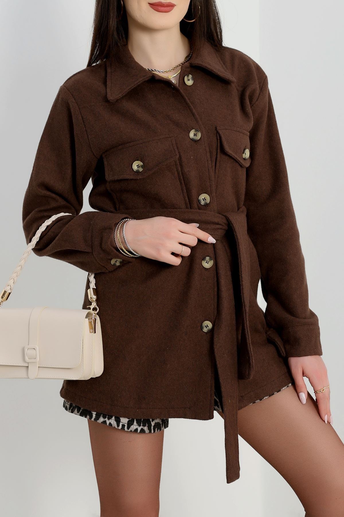 Çift Cepli Kuşaklı Tunik Gömlek Acıkahve - 70991.1775.