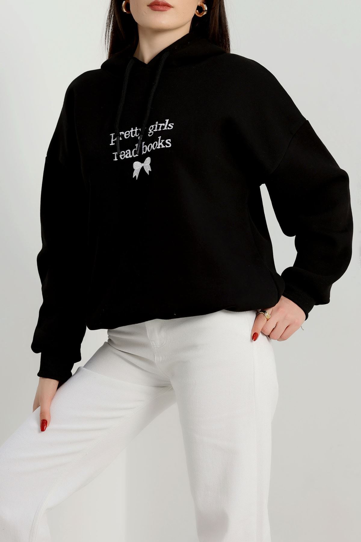 3 İplik Kapşonlu Nakışlı Sweat Siyahbeyaz - 42228.1878.