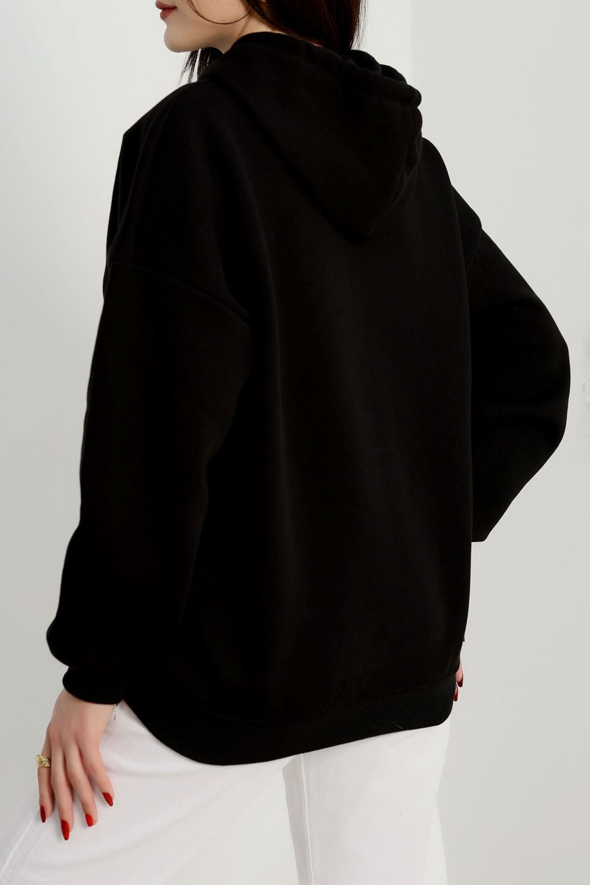 3 İplik Kapşonlu Nakışlı Sweat Siyahbeyaz - 42228.1878.