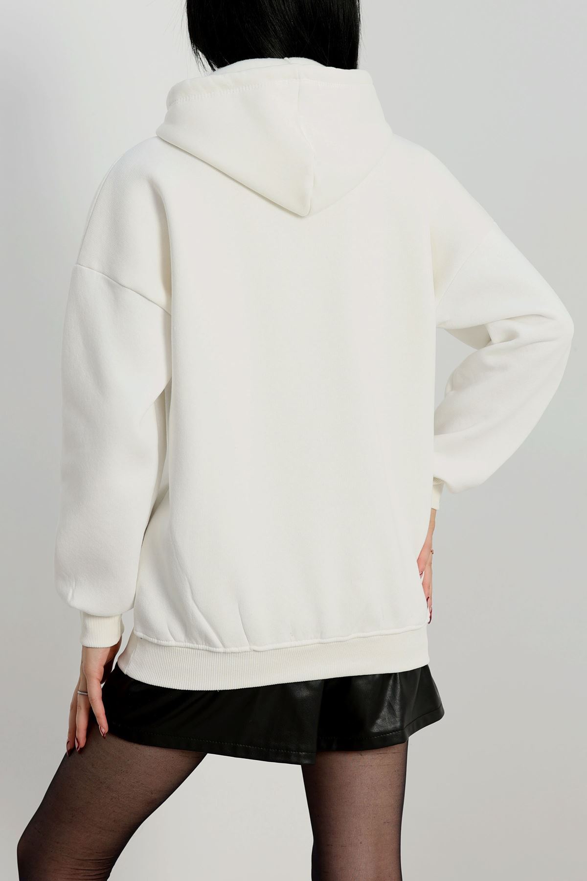 3 İplik Kapşonlu Nakışlı Sweat Ekrusiyah - 42228.1878.