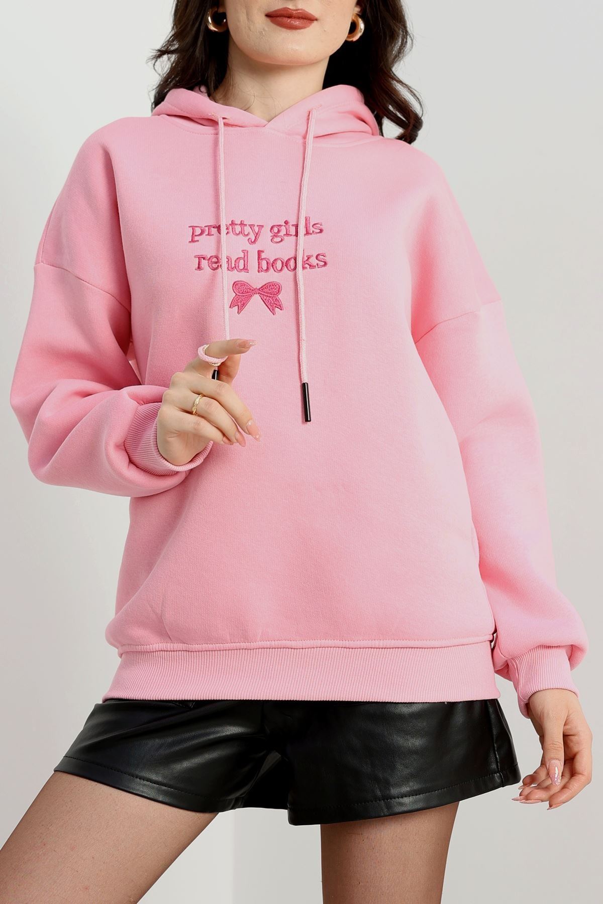 3 İplik Kapşonlu Nakışlı Sweat Pembe - 42228.1878.