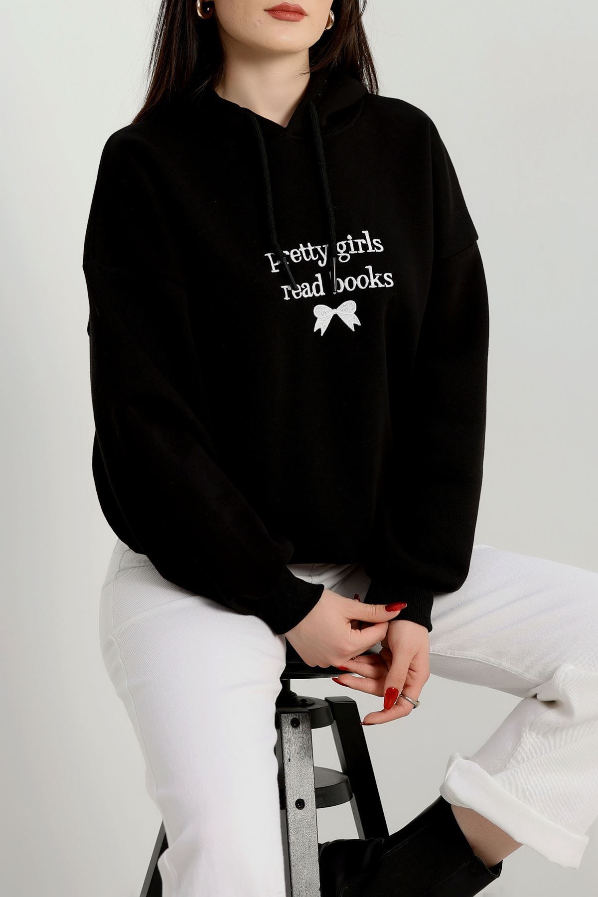 3 İplik Kapşonlu Nakışlı Sweat Siyahbeyaz - 42228.1878.