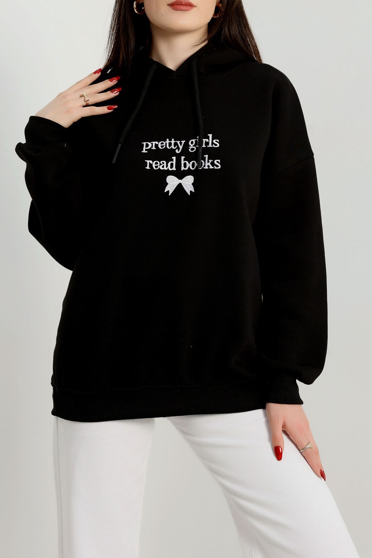 3 İplik Kapşonlu Nakışlı Sweat Siyahbeyaz - 42228.1878.