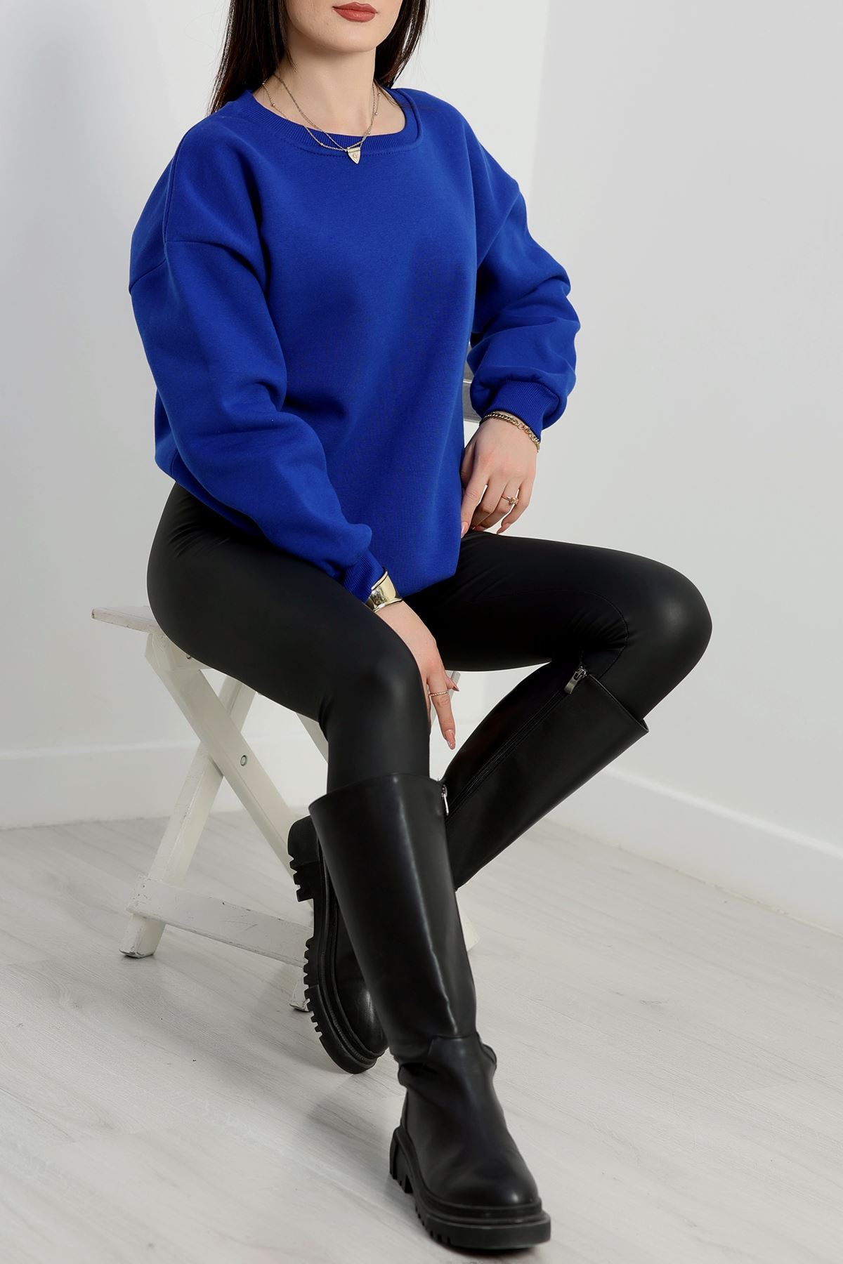 Bisiklet Yaka Üç İplik Sweat Saks - 20138.1878.