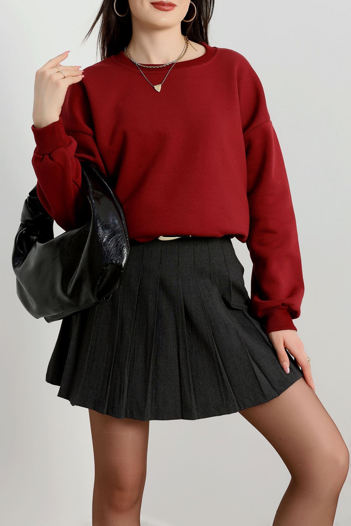 Bisiklet Yaka Üç İplik Sweat Bordo - 20138.1878.