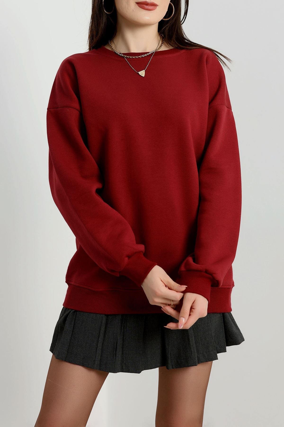 Bisiklet Yaka Üç İplik Sweat Bordo - 20138.1878.