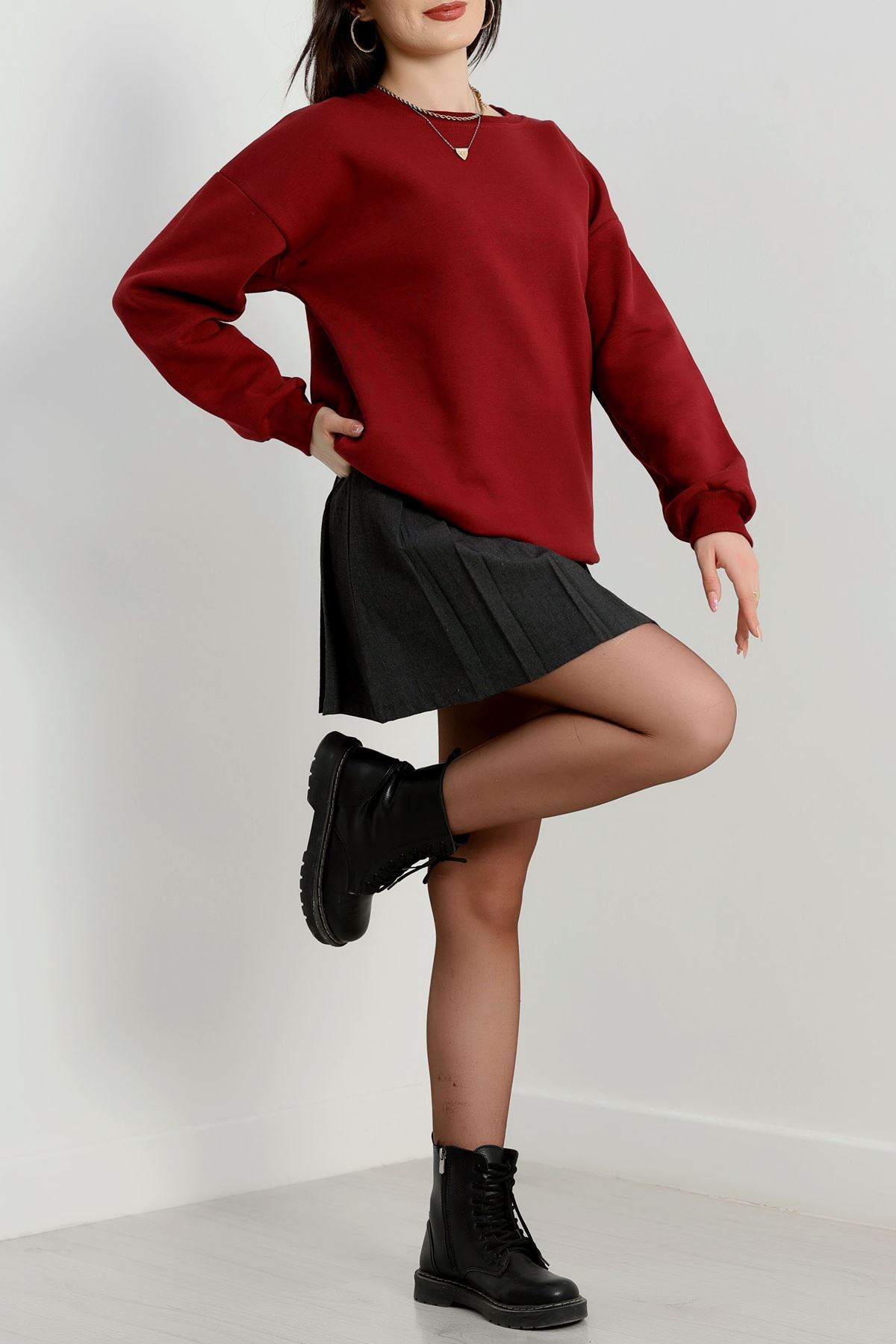 Bisiklet Yaka Üç İplik Sweat Bordo - 20138.1878.