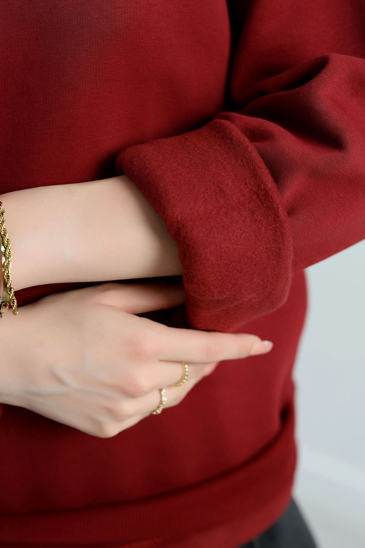 Bisiklet Yaka Üç İplik Sweat Bordo - 20138.1878.