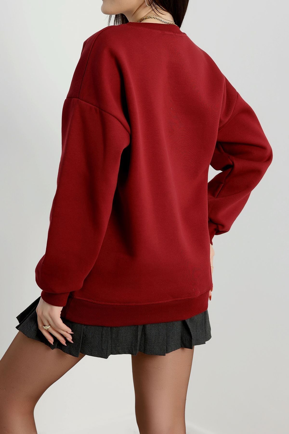 Bisiklet Yaka Üç İplik Sweat Bordo - 20138.1878.