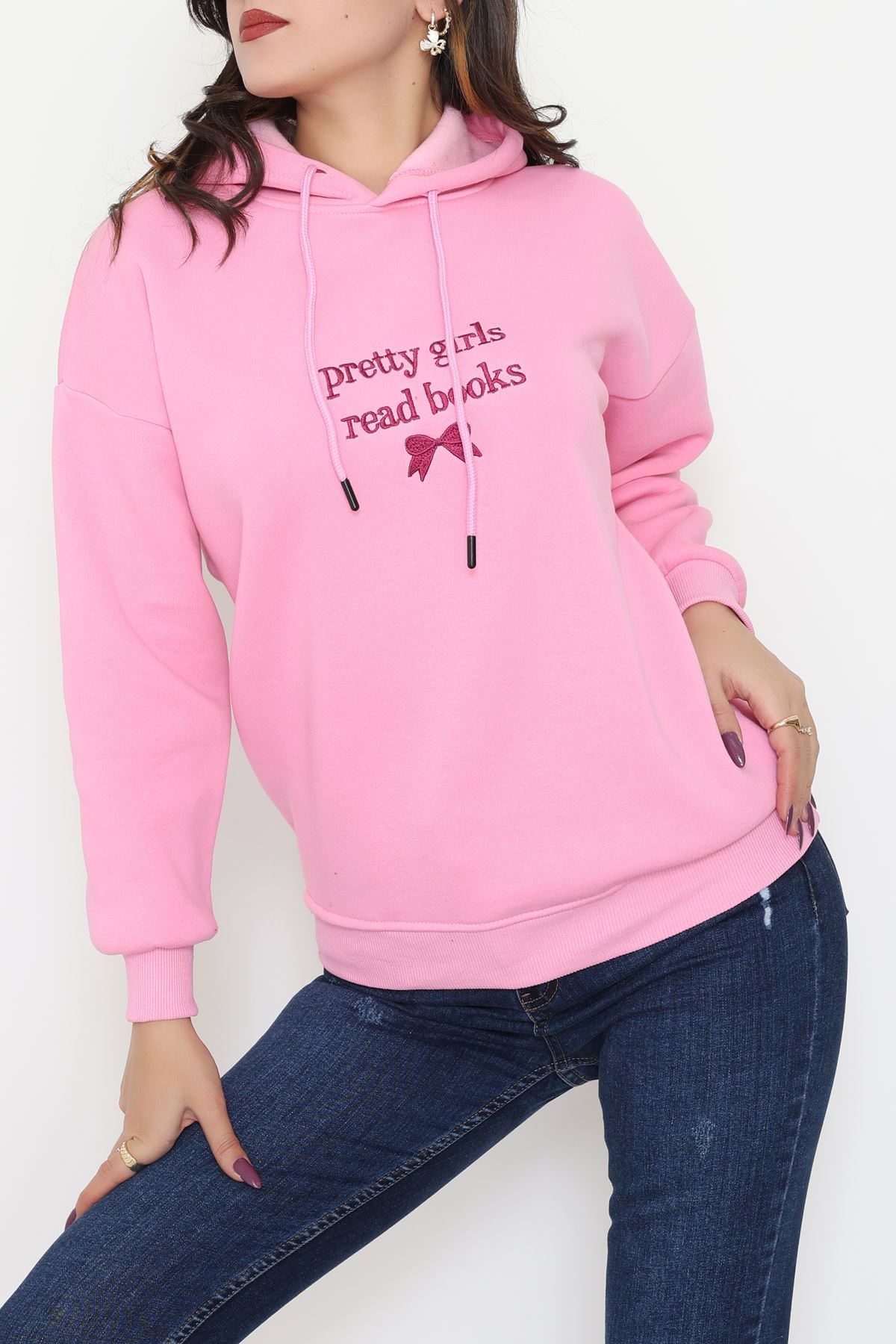 3 İplik Kapşonlu Nakışlı Sweat Pembemor - 42228.1878.