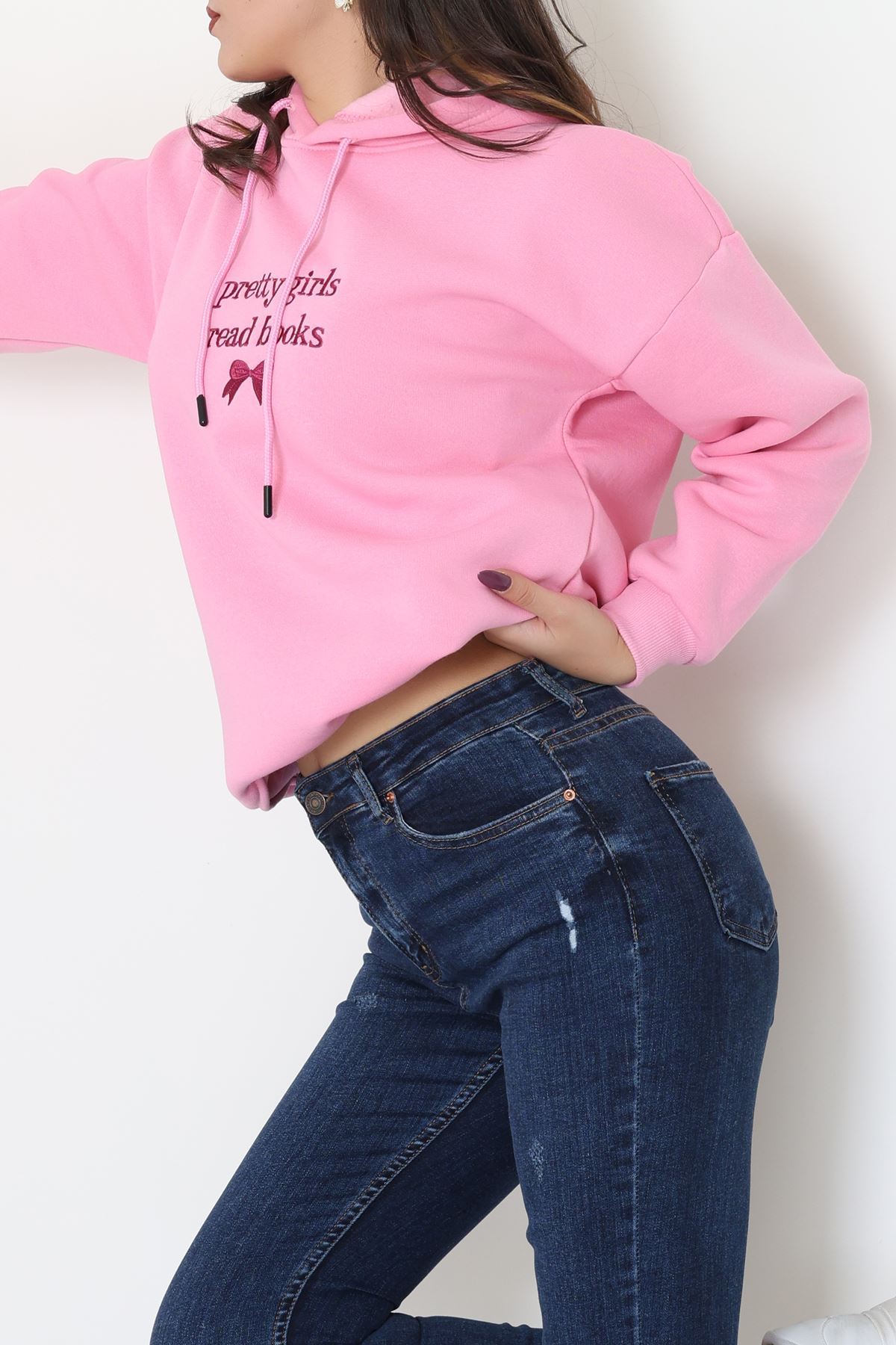 3 İplik Kapşonlu Nakışlı Sweat Pembemor - 42228.1878.