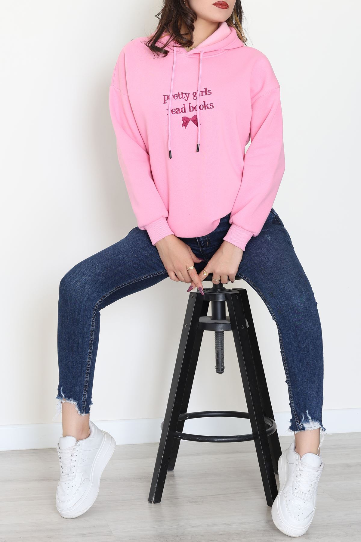 3 İplik Kapşonlu Nakışlı Sweat Pembemor - 42228.1878.