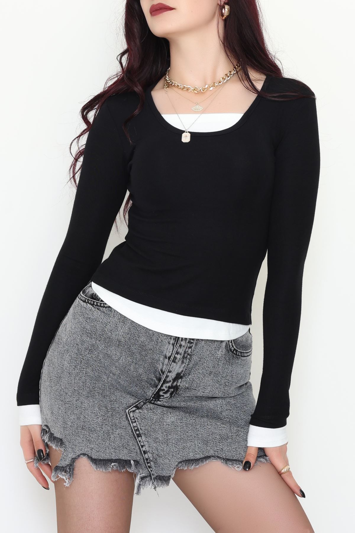 Buzzy Kumaş Geniş Yaka Parçalı Bluz Siyah - 1055.2119.