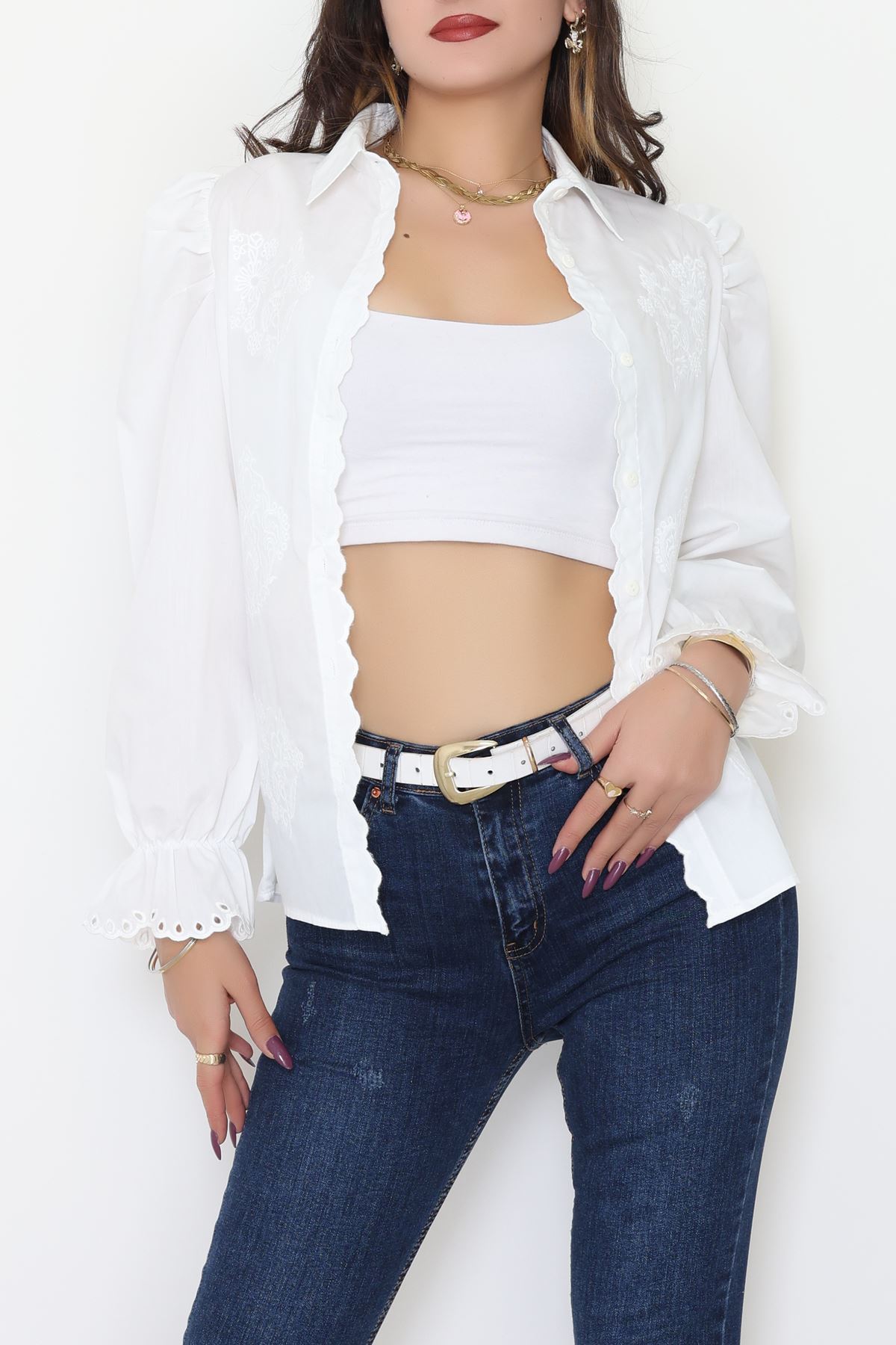 Dakron Kumaş Nakış Detaylı Gömlek Beyaz - 51114.2118.