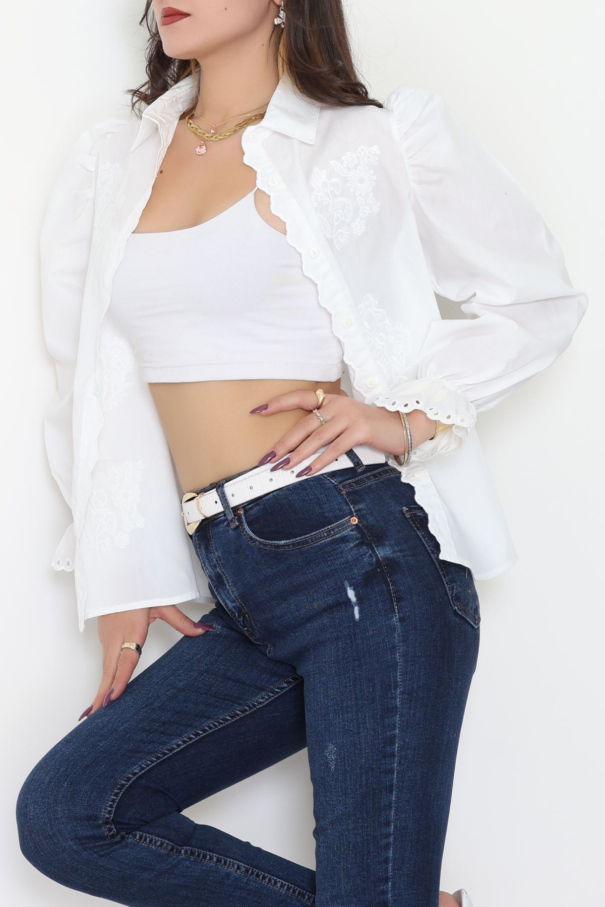 Dakron Kumaş Nakış Detaylı Gömlek Beyaz - 51114.2118.