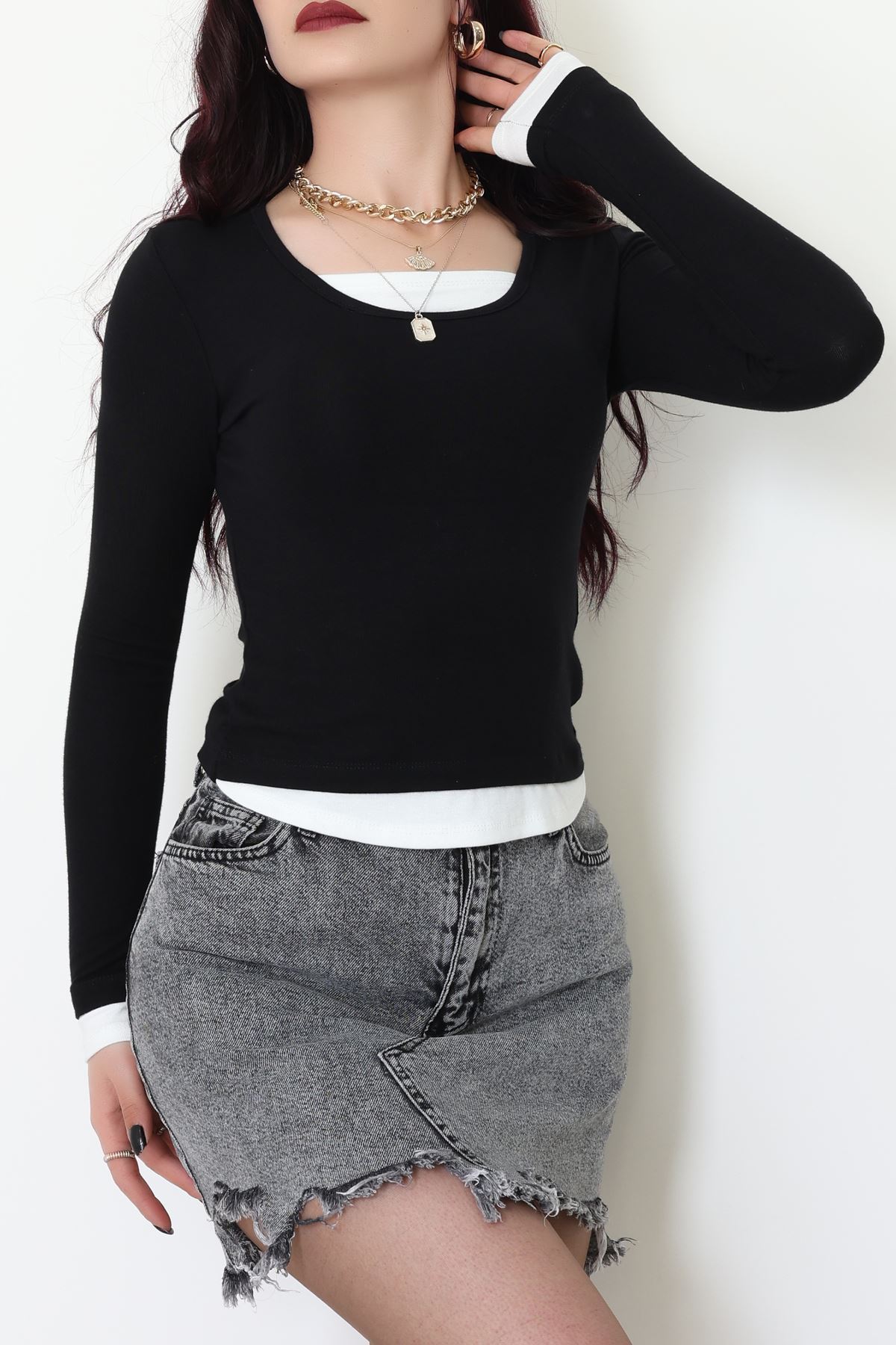 Buzzy Kumaş Geniş Yaka Parçalı Bluz Siyah - 1055.2119.