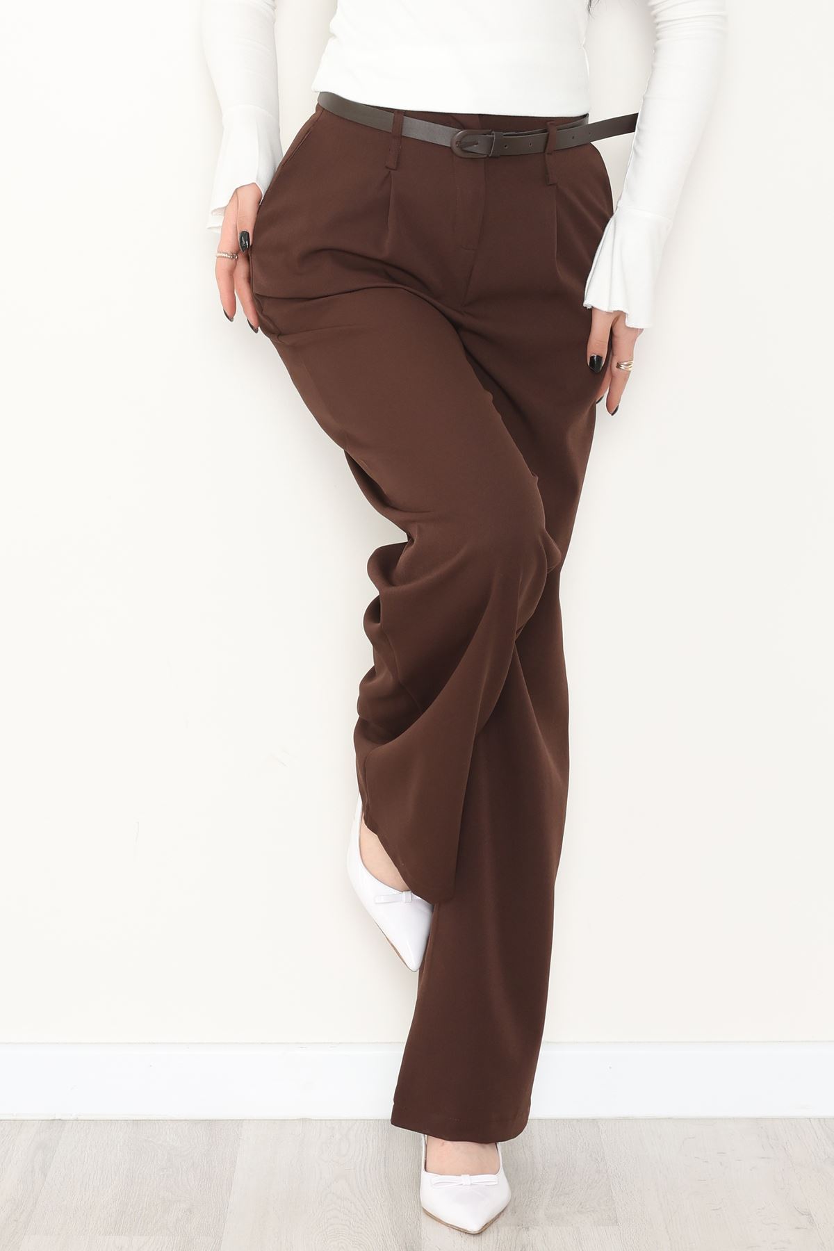 Dabıl Kumaş Kemerli Palazzo Pantolon Kahve - 2085.1991.