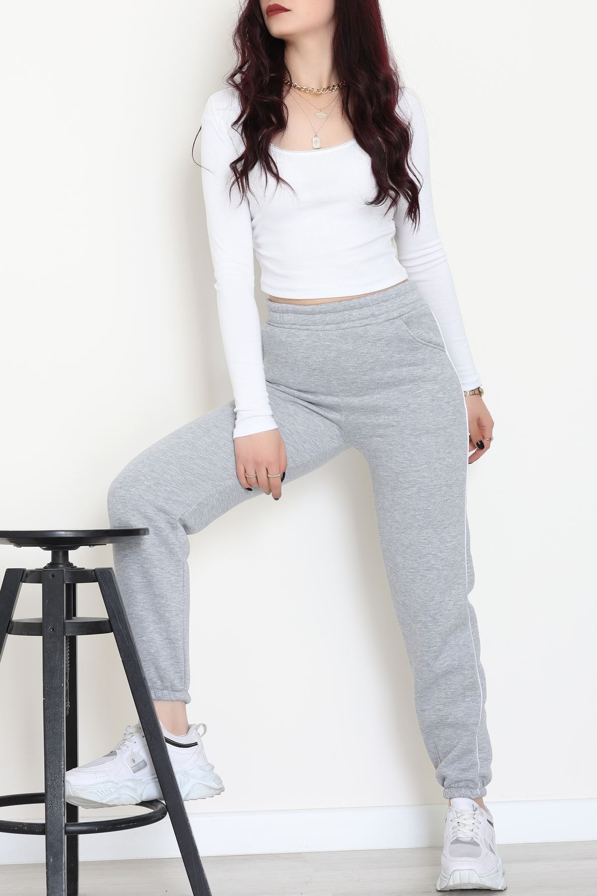 3 İplik Biyeli Eşofman Altı Gri - 30103.1878.