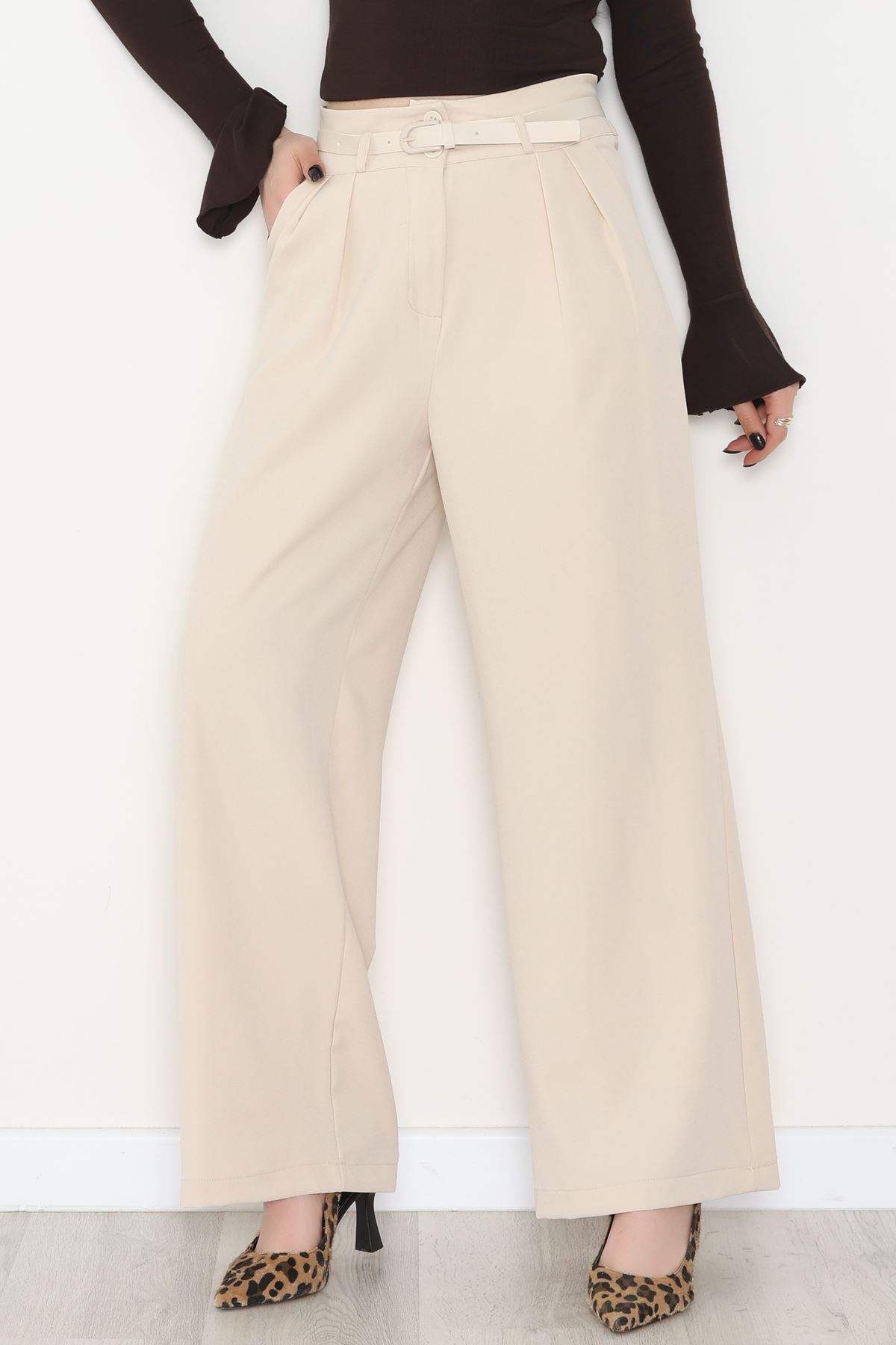 Dabıl Kumaş Kemerli Çift Düğme Pileli Palazzo Pantolon Taş - 2084.1991.