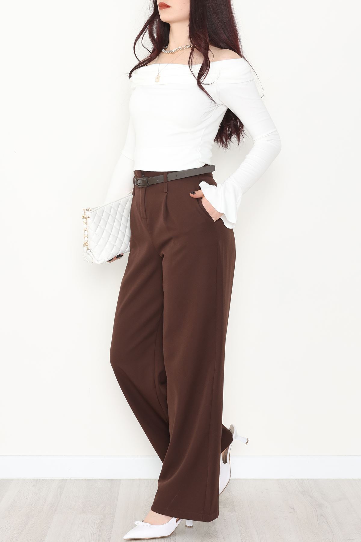 Dabıl Kumaş Kemerli Palazzo Pantolon Kahve - 2085.1991.
