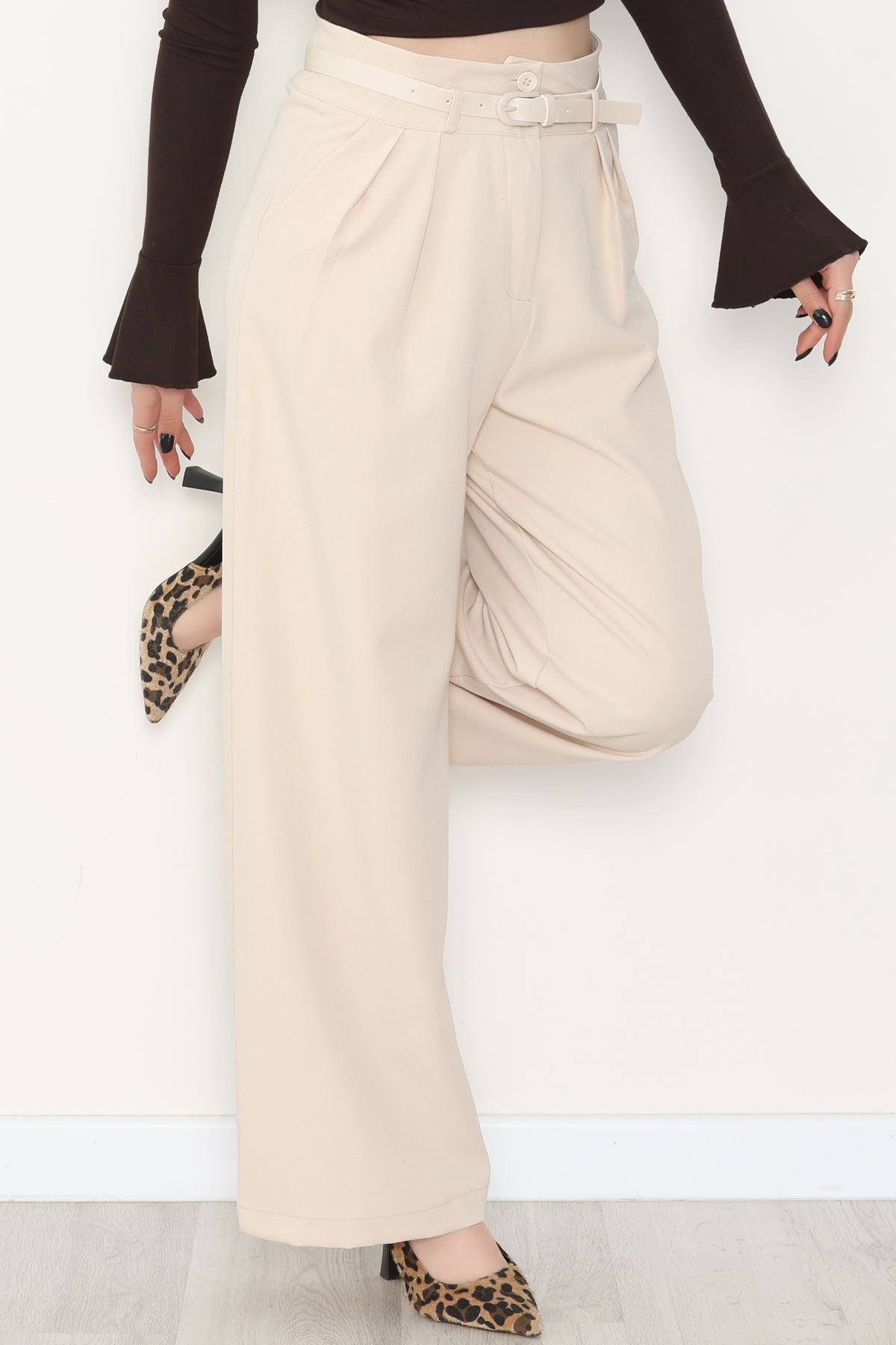 Dabıl Kumaş Kemerli Çift Düğme Pileli Palazzo Pantolon Taş - 2084.1991.