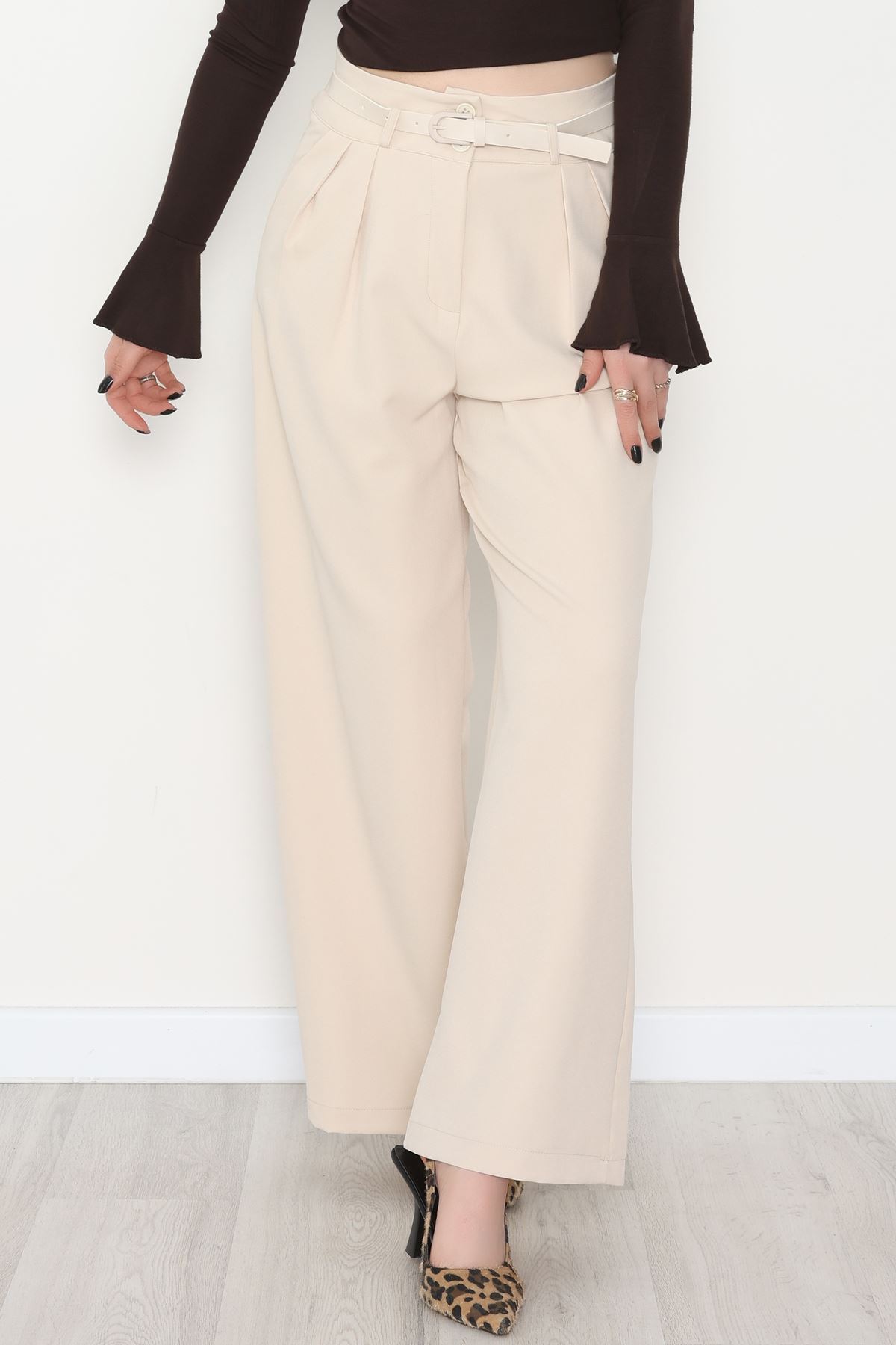 Dabıl Kumaş Kemerli Çift Düğme Pileli Palazzo Pantolon Taş - 2084.1991.