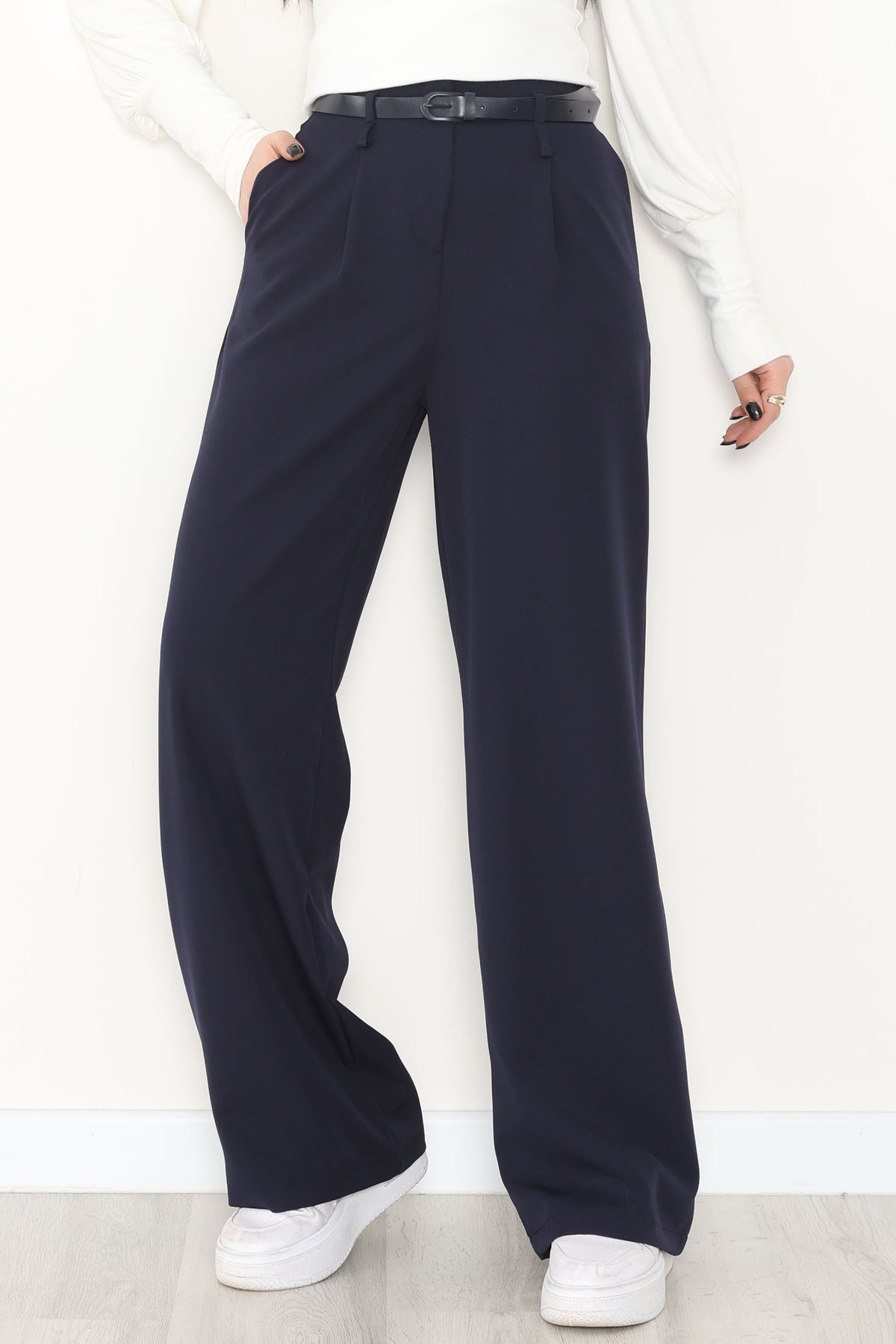 Dabıl Kumaş Kemerli Palazzo Pantolon Lacivert - 2085.1991.