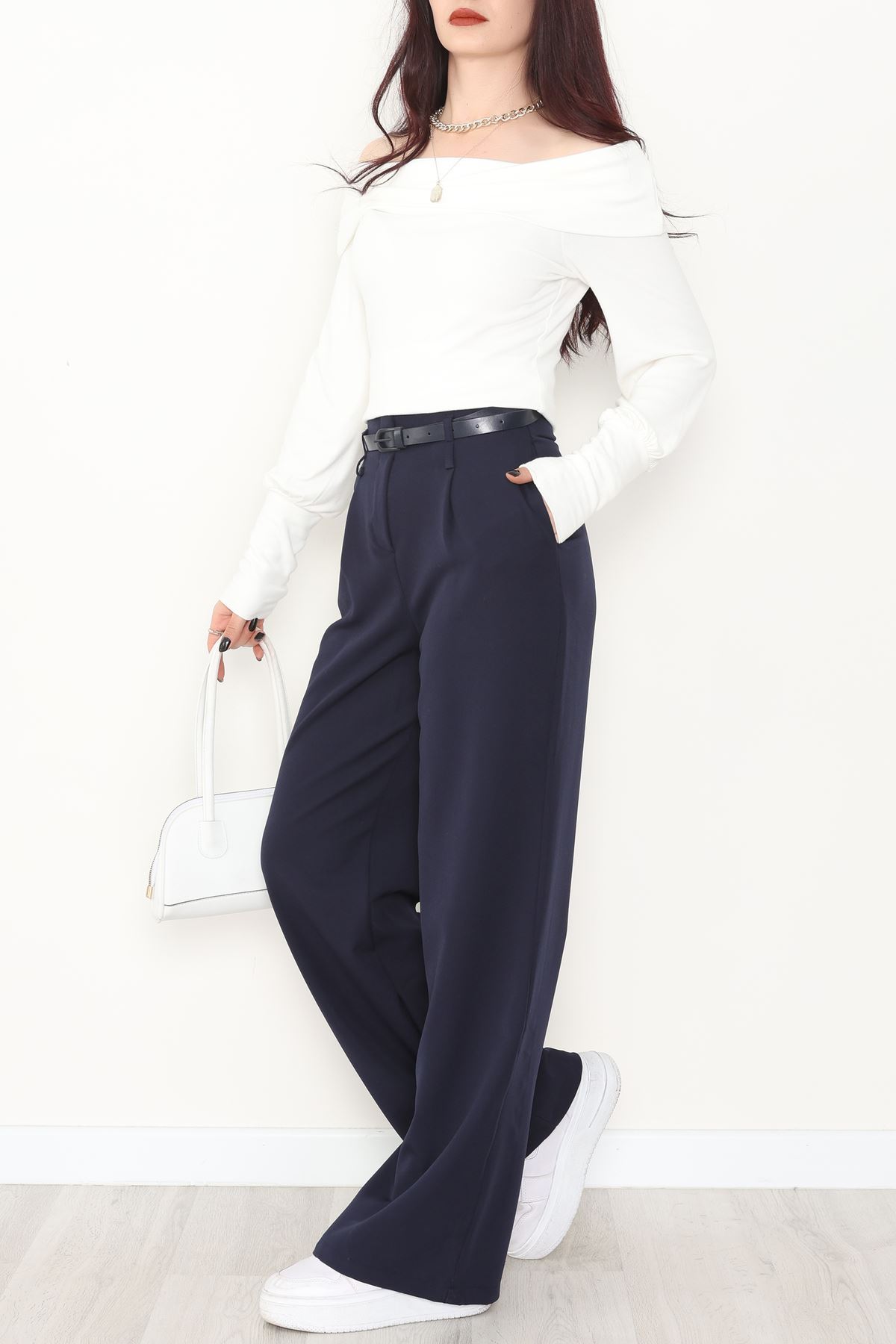 Dabıl Kumaş Kemerli Palazzo Pantolon Lacivert - 2085.1991.