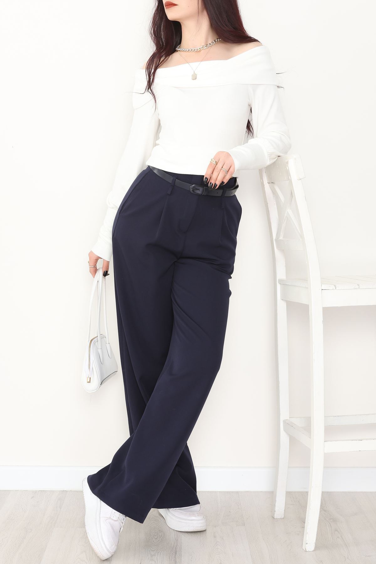Dabıl Kumaş Kemerli Palazzo Pantolon Lacivert - 2085.1991.