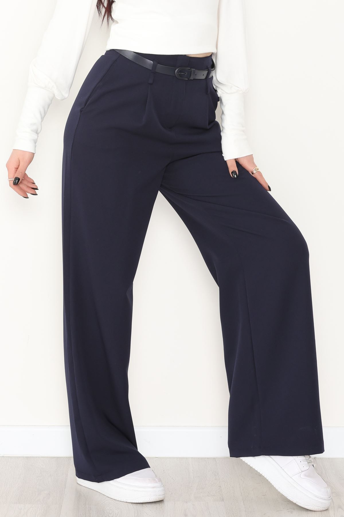 Dabıl Kumaş Kemerli Palazzo Pantolon Lacivert - 2085.1991.