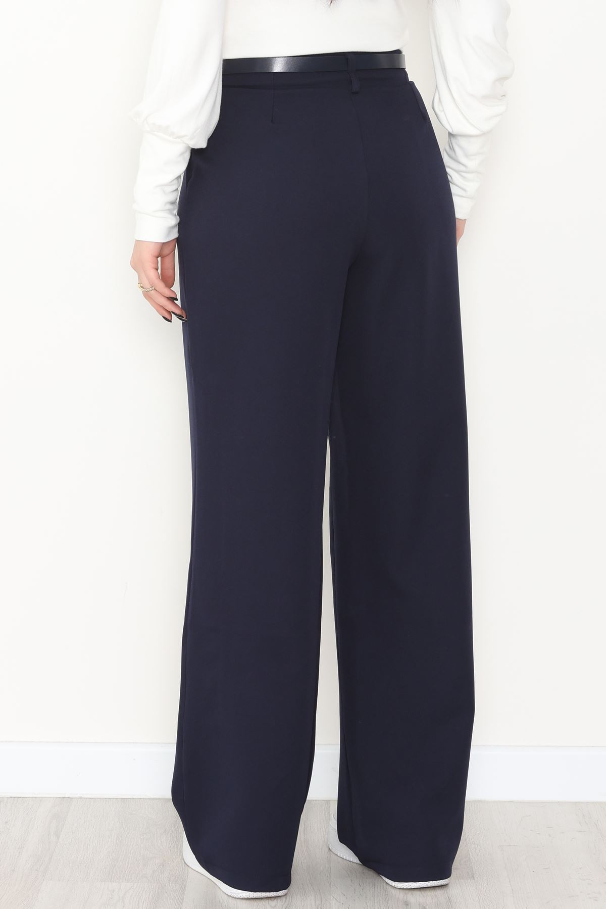 Dabıl Kumaş Kemerli Palazzo Pantolon Lacivert - 2085.1991.