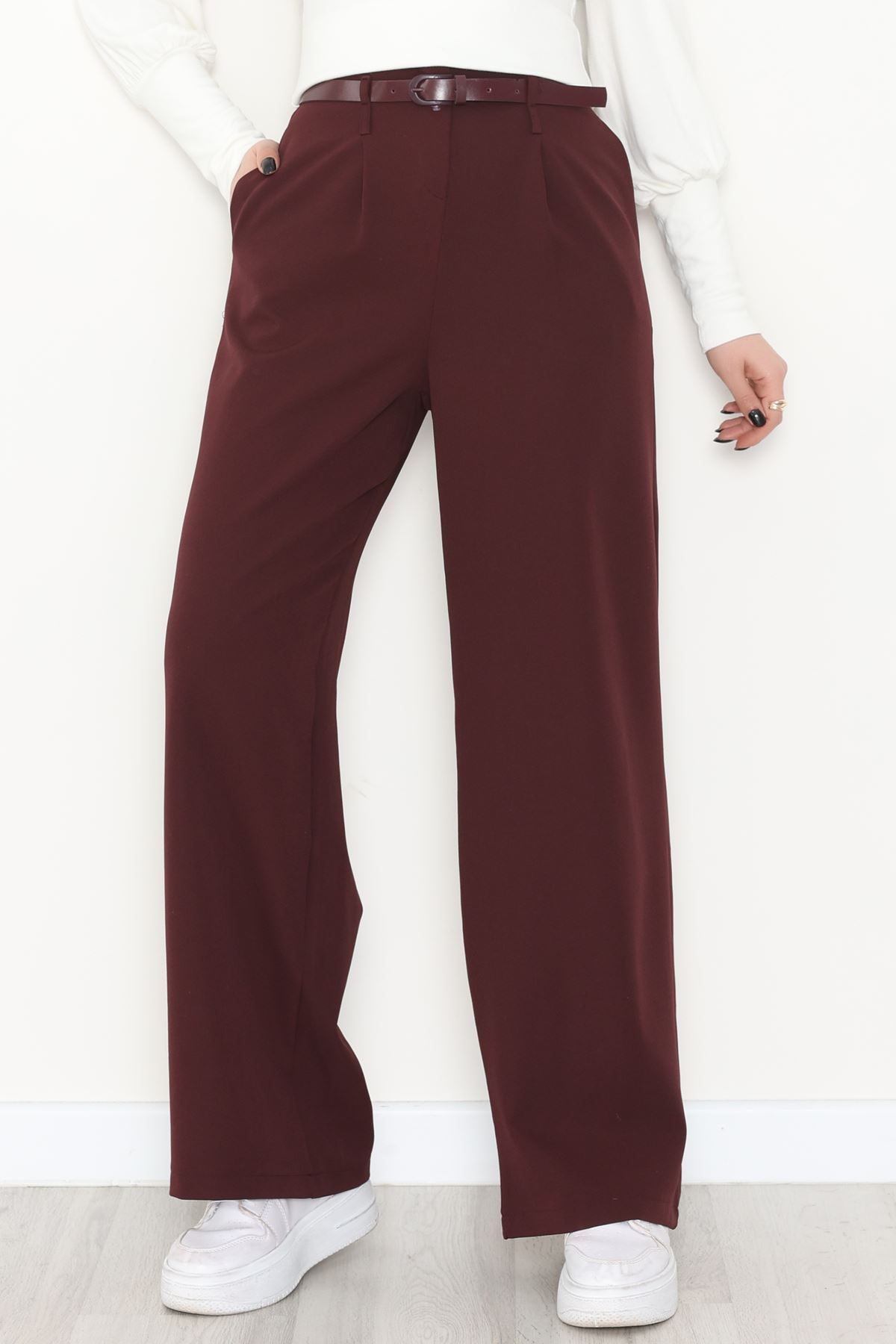 Dabıl Kumaş Kemerli Palazzo Pantolon Mürdüm - 2085.1991.