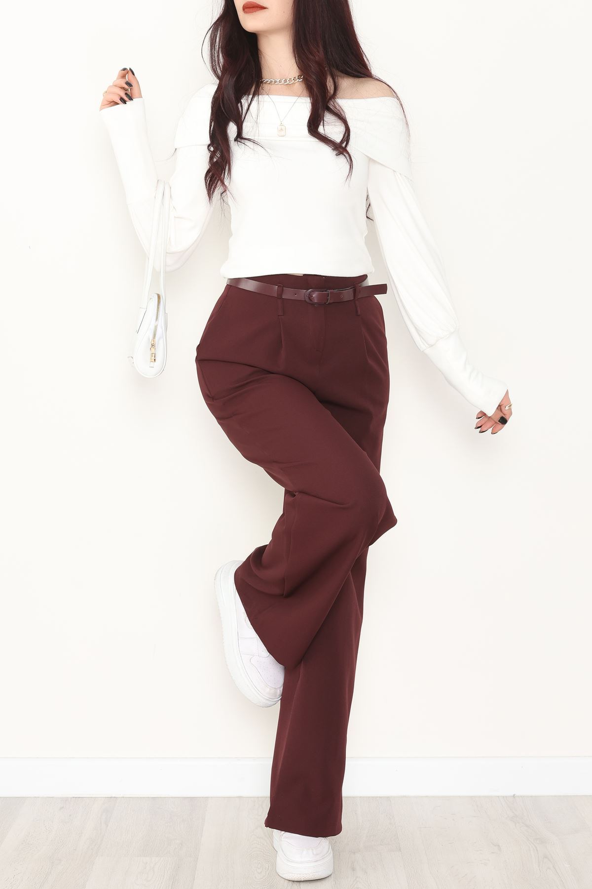 Dabıl Kumaş Kemerli Palazzo Pantolon Mürdüm - 2085.1991.