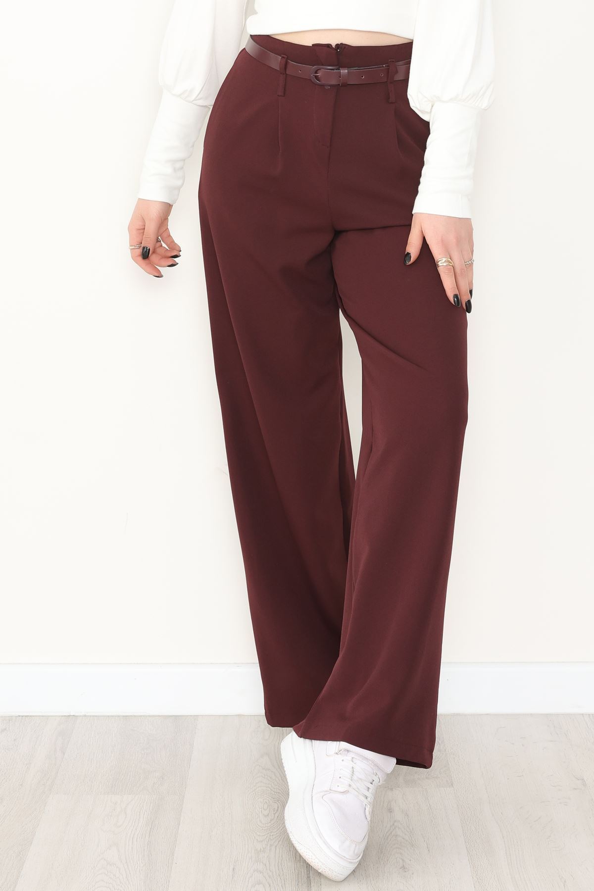 Dabıl Kumaş Kemerli Palazzo Pantolon Mürdüm - 2085.1991.