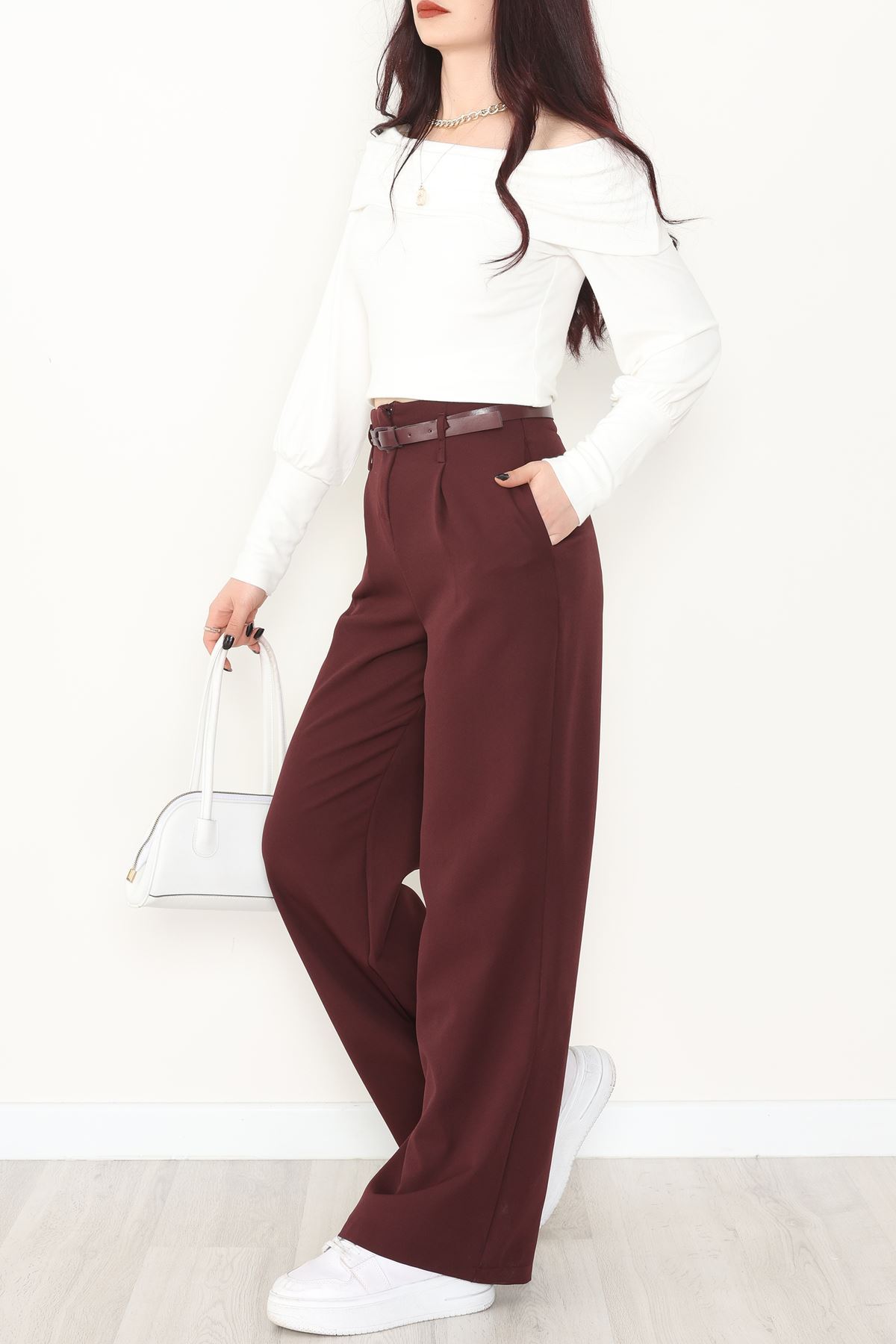 Dabıl Kumaş Kemerli Palazzo Pantolon Mürdüm - 2085.1991.