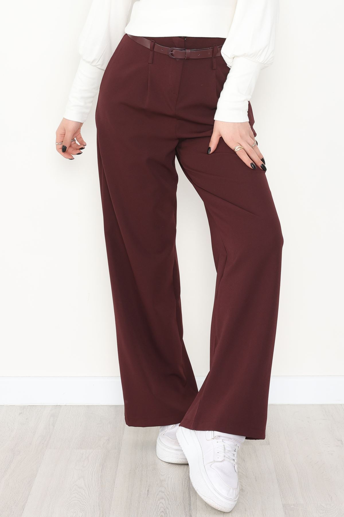 Dabıl Kumaş Kemerli Palazzo Pantolon Mürdüm - 2085.1991.