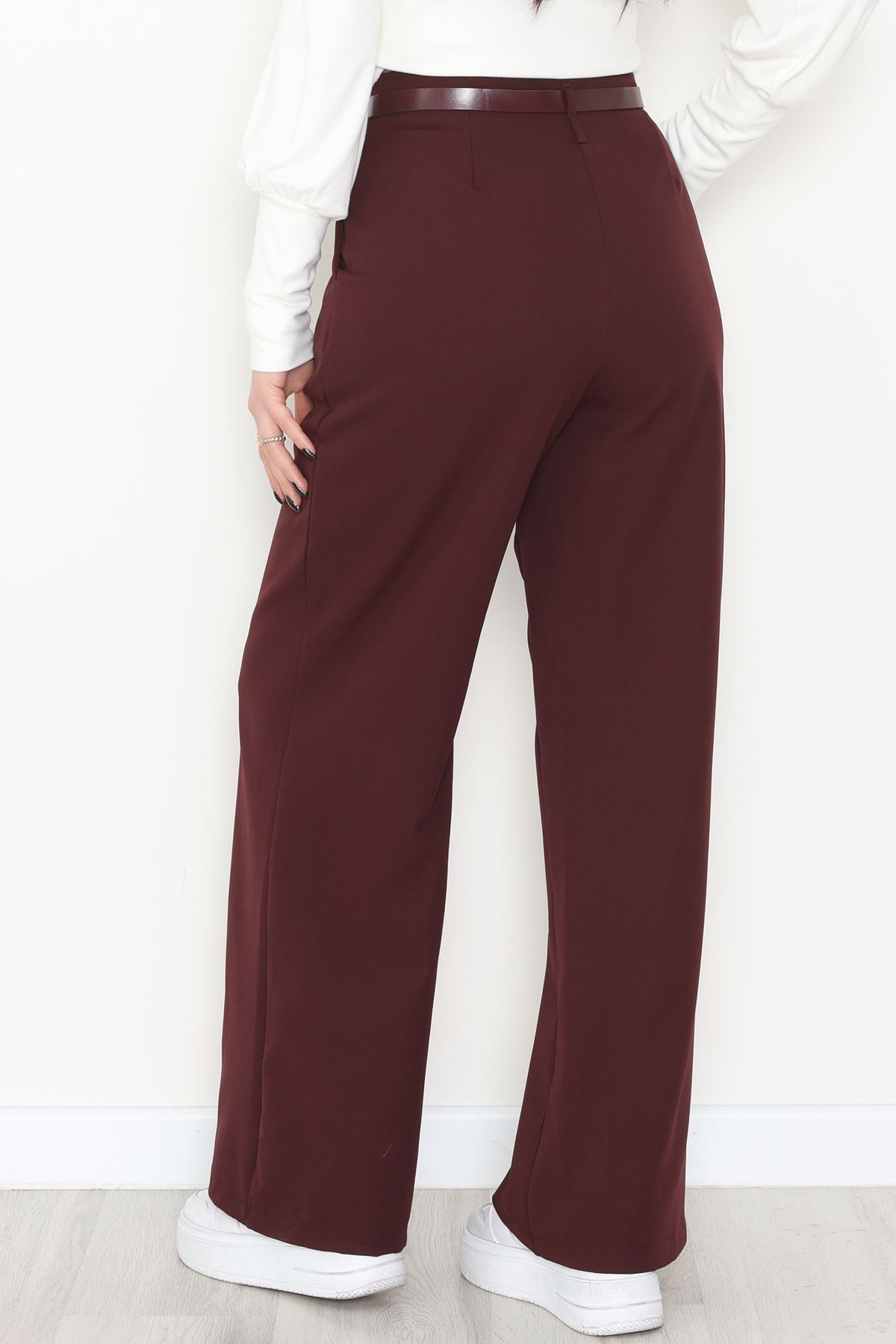 Dabıl Kumaş Kemerli Palazzo Pantolon Mürdüm - 2085.1991.