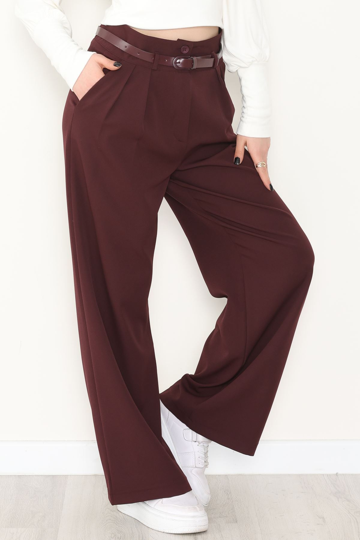 Dabıl Kumaş Kemerli Çift Düğme Pileli Palazzo Pantolon Mürdüm - 2084.1991.