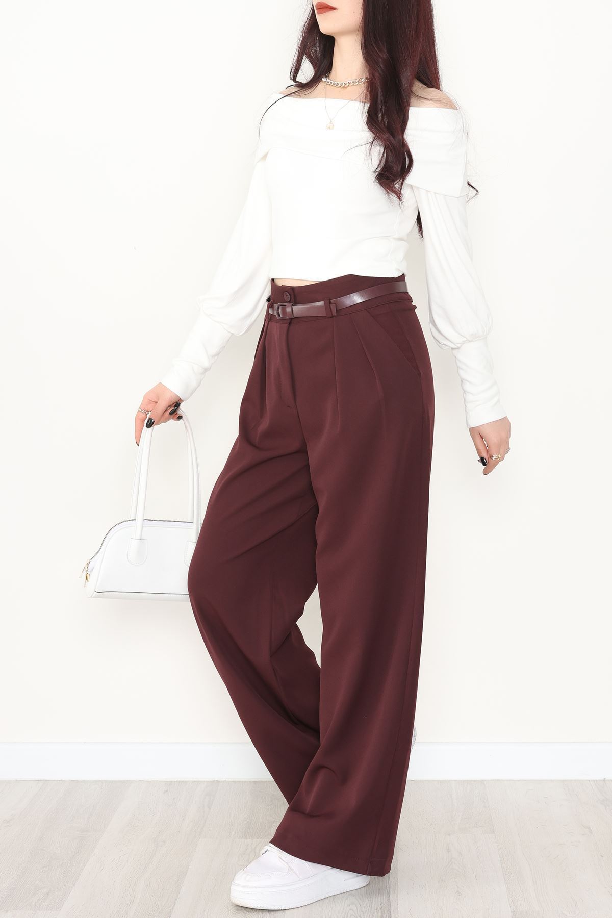 Dabıl Kumaş Kemerli Çift Düğme Pileli Palazzo Pantolon Mürdüm - 2084.1991.