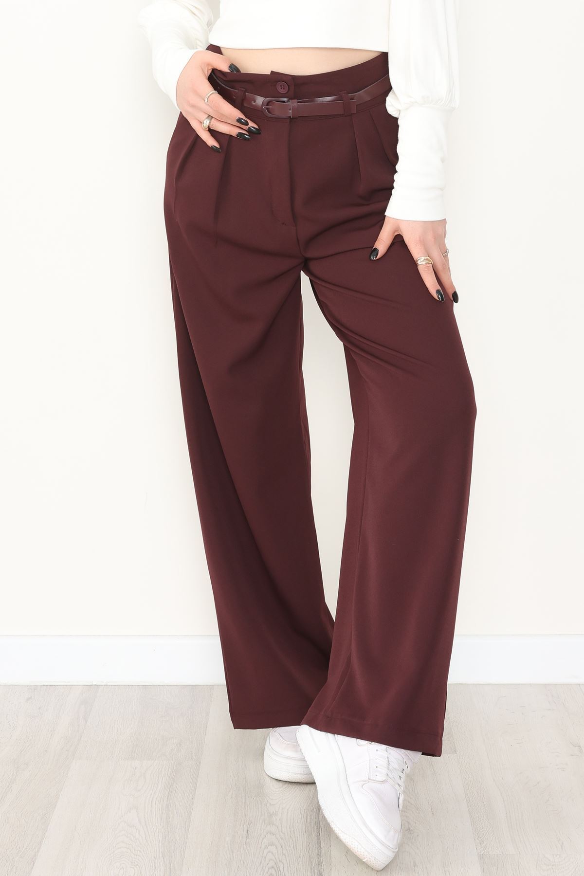 Dabıl Kumaş Kemerli Çift Düğme Pileli Palazzo Pantolon Mürdüm - 2084.1991.
